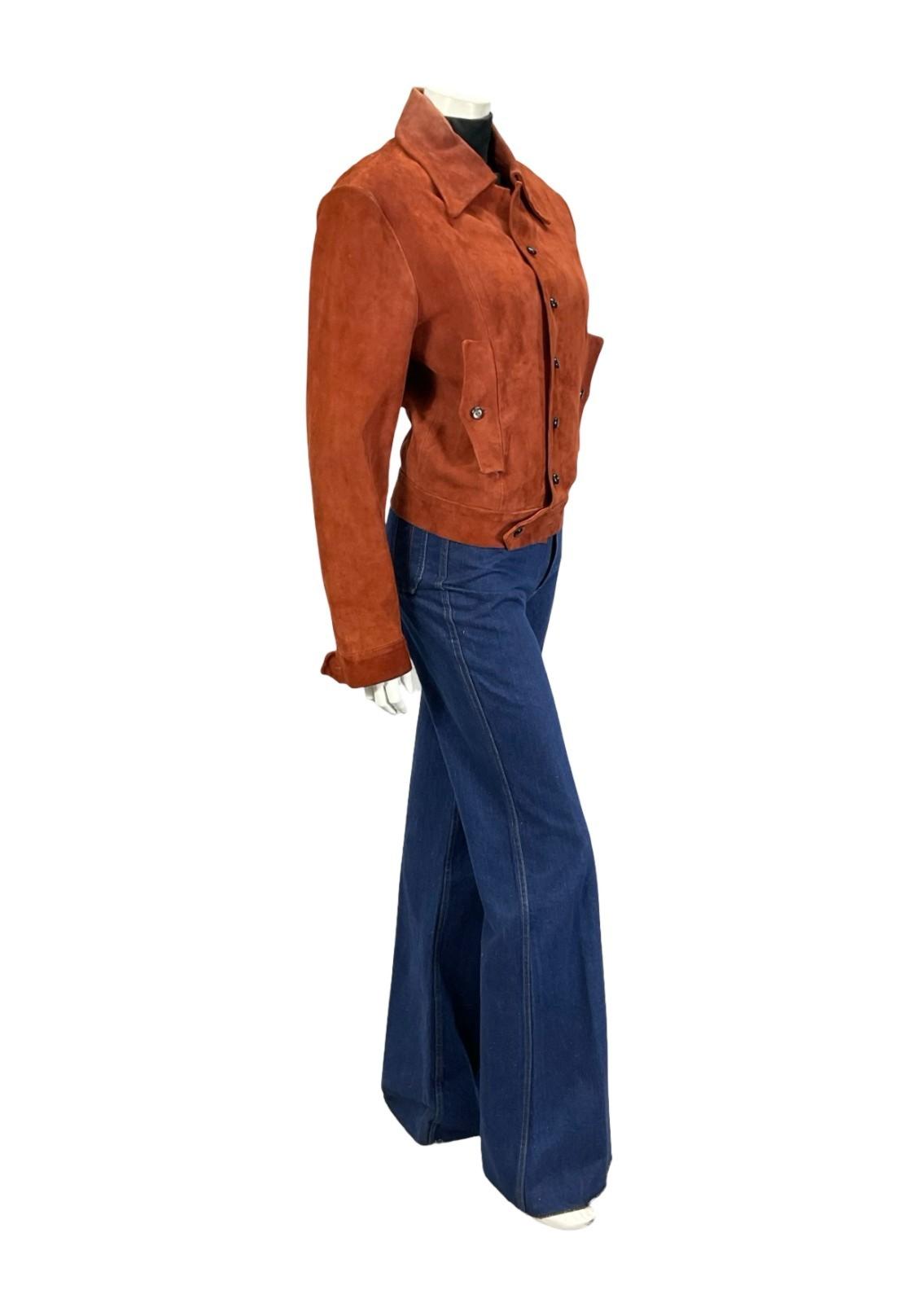 VTG 70S RUSTY REDDISH BROWN SUEDE CROPPED DAGGER COLLAR SUEDE JACKET 12 14 M