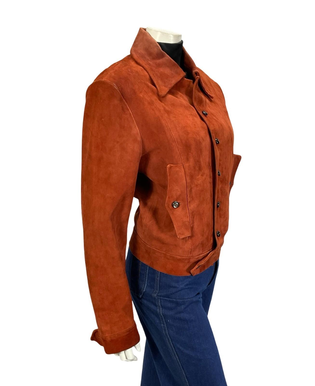 VTG 70S RUSTY REDDISH BROWN SUEDE CROPPED DAGGER COLLAR SUEDE JACKET 12 14 M