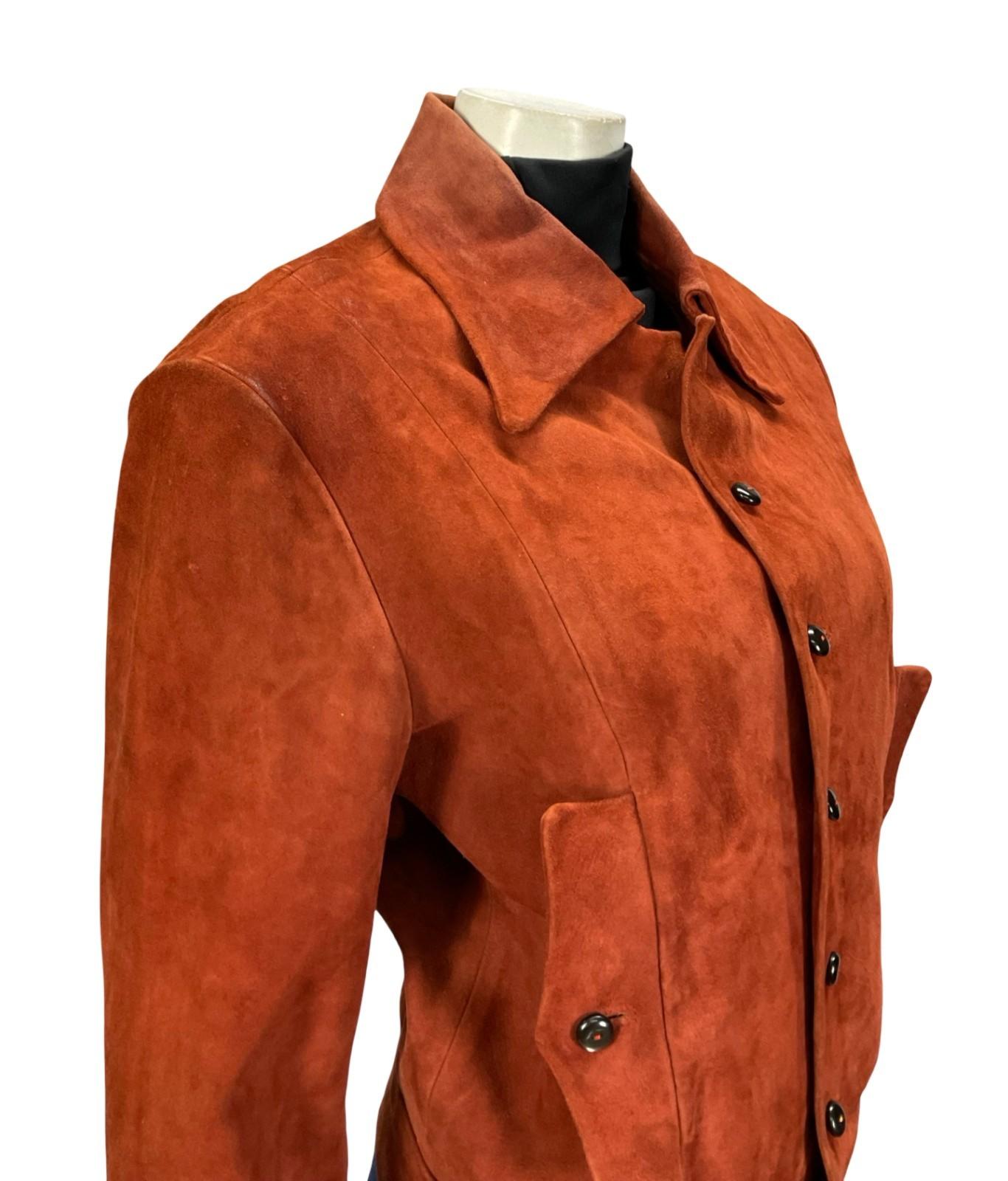 VTG 70S RUSTY REDDISH BROWN SUEDE CROPPED DAGGER COLLAR SUEDE JACKET 12 14 M