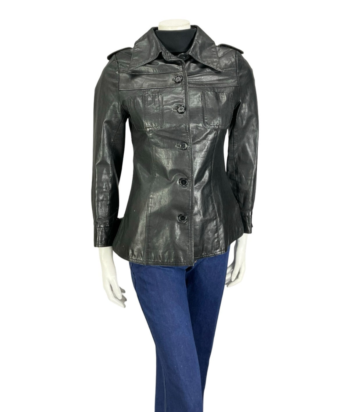 VTG 60S 70S BLACK JET BLACK LEATHER EPAULETTE MILITARY MOD JACKET 8