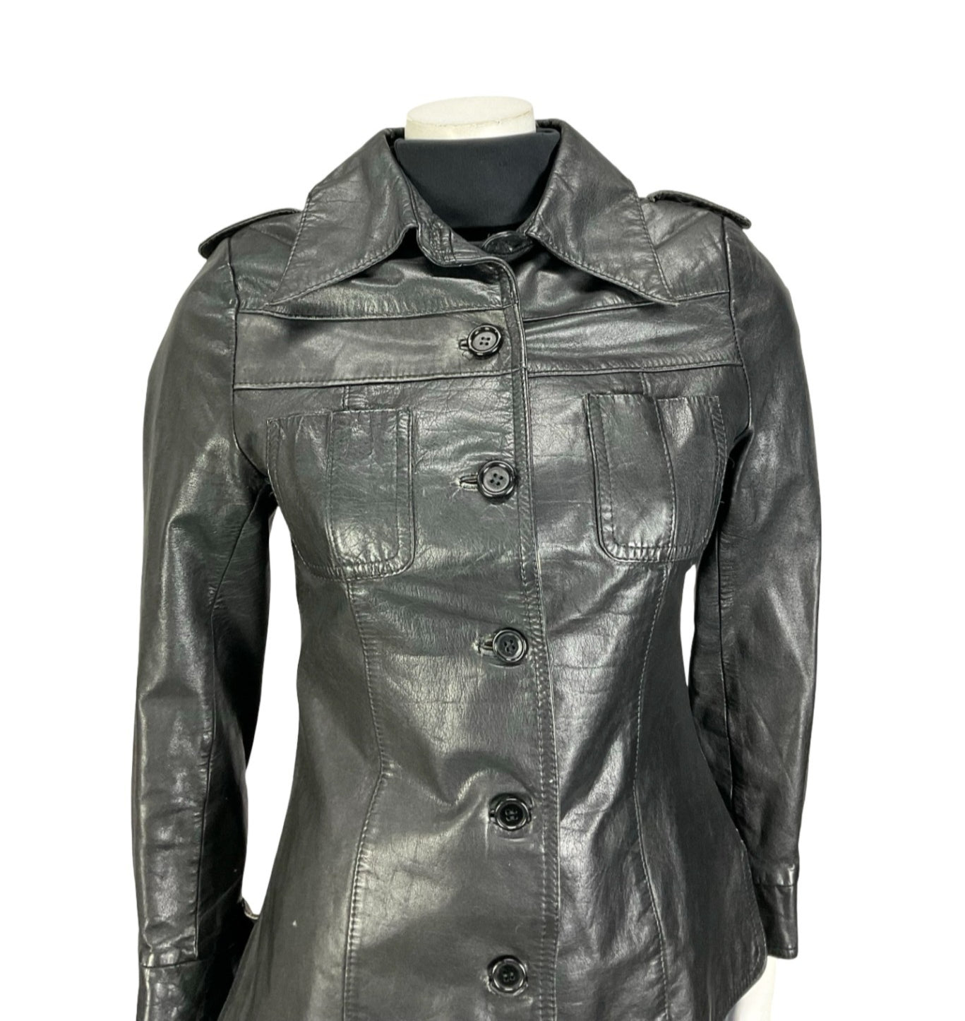 VTG 60S 70S BLACK JET BLACK LEATHER EPAULETTE MILITARY MOD JACKET 8