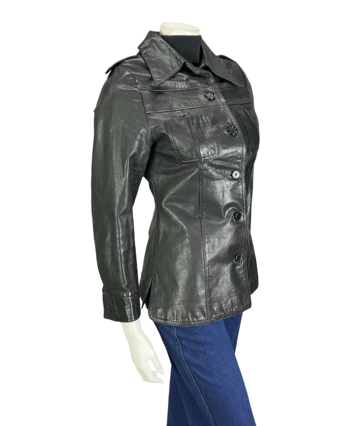 VTG 60S 70S BLACK JET BLACK LEATHER EPAULETTE MILITARY MOD JACKET 8