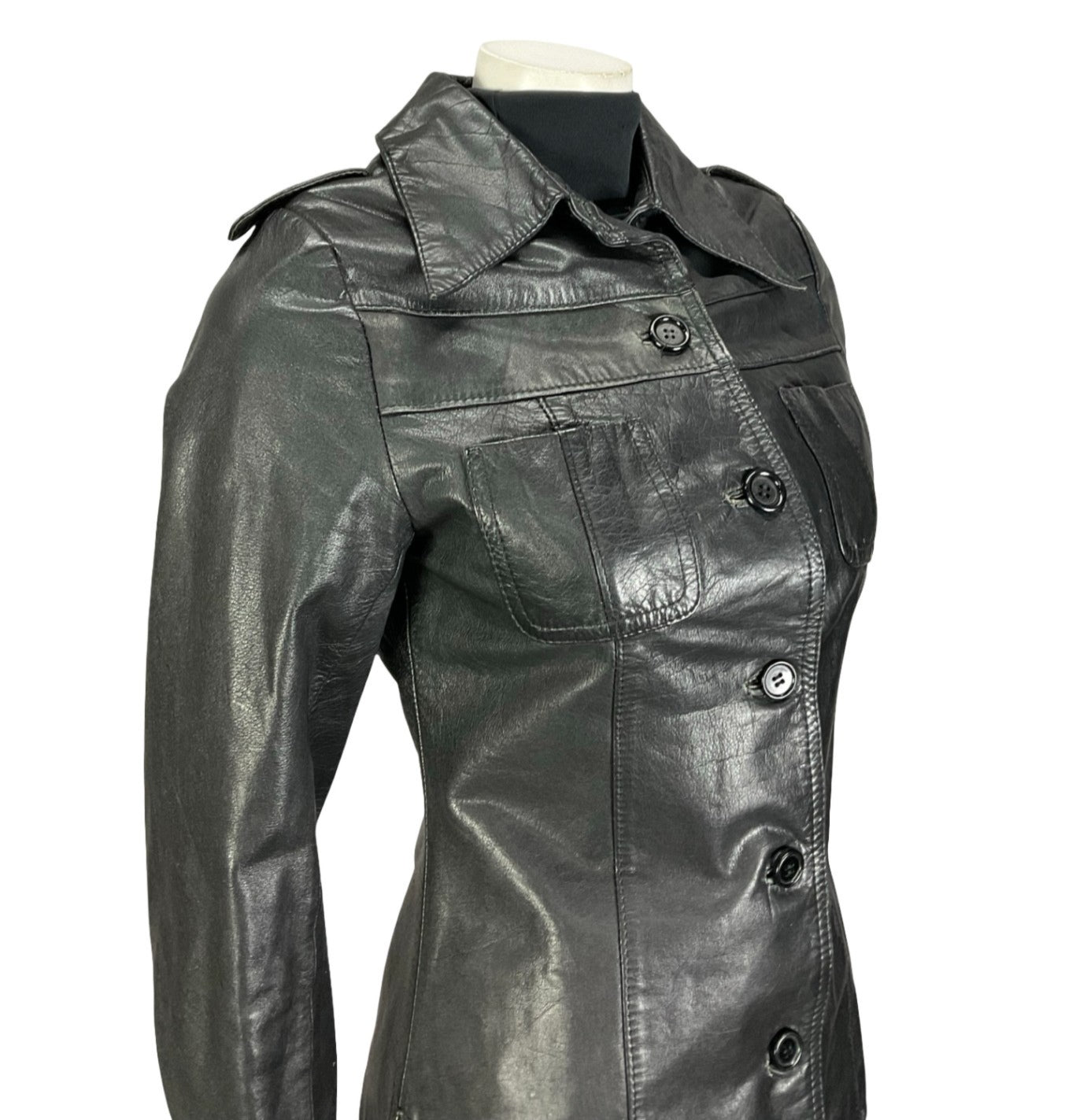 VTG 60S 70S BLACK JET BLACK LEATHER EPAULETTE MILITARY MOD JACKET 8