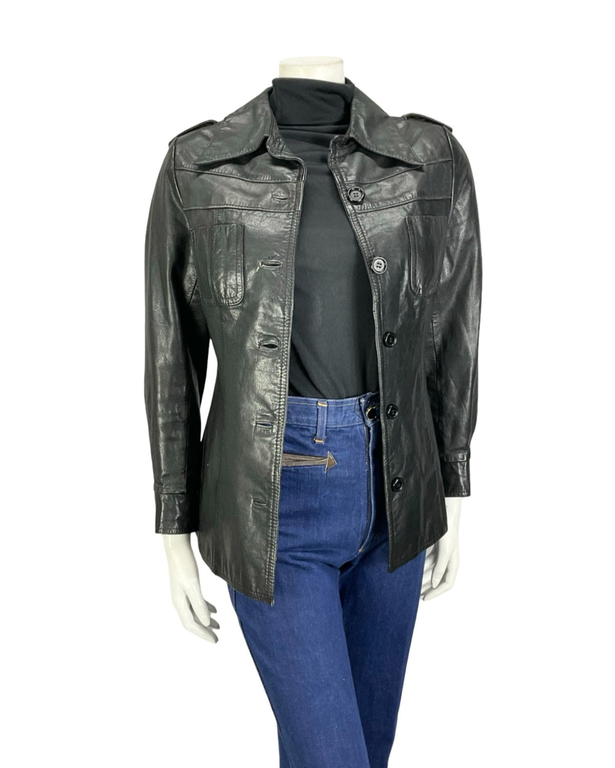 VTG 60S 70S BLACK JET BLACK LEATHER EPAULETTE MILITARY MOD JACKET 8