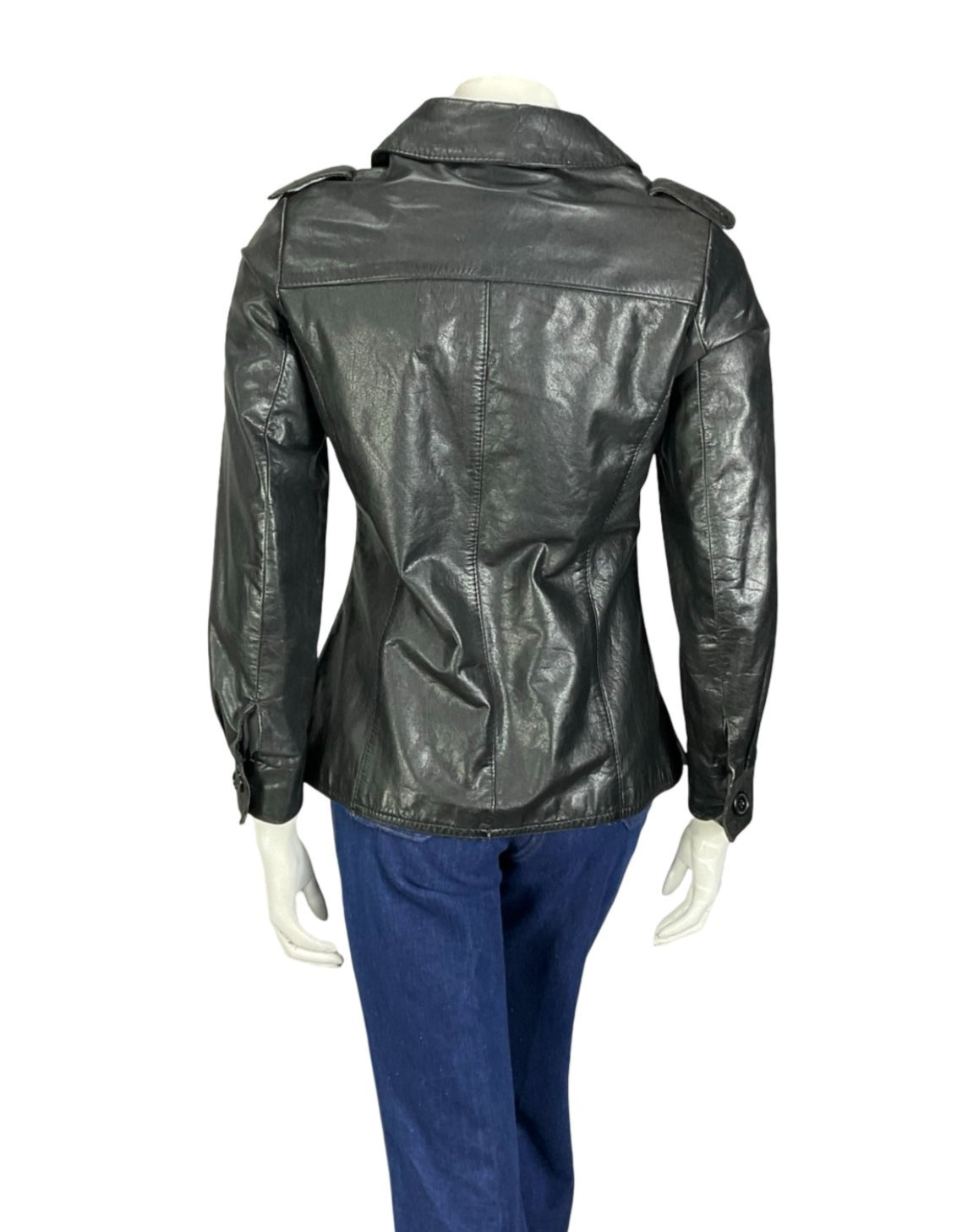 VTG 60S 70S BLACK JET BLACK LEATHER EPAULETTE MILITARY MOD JACKET 8