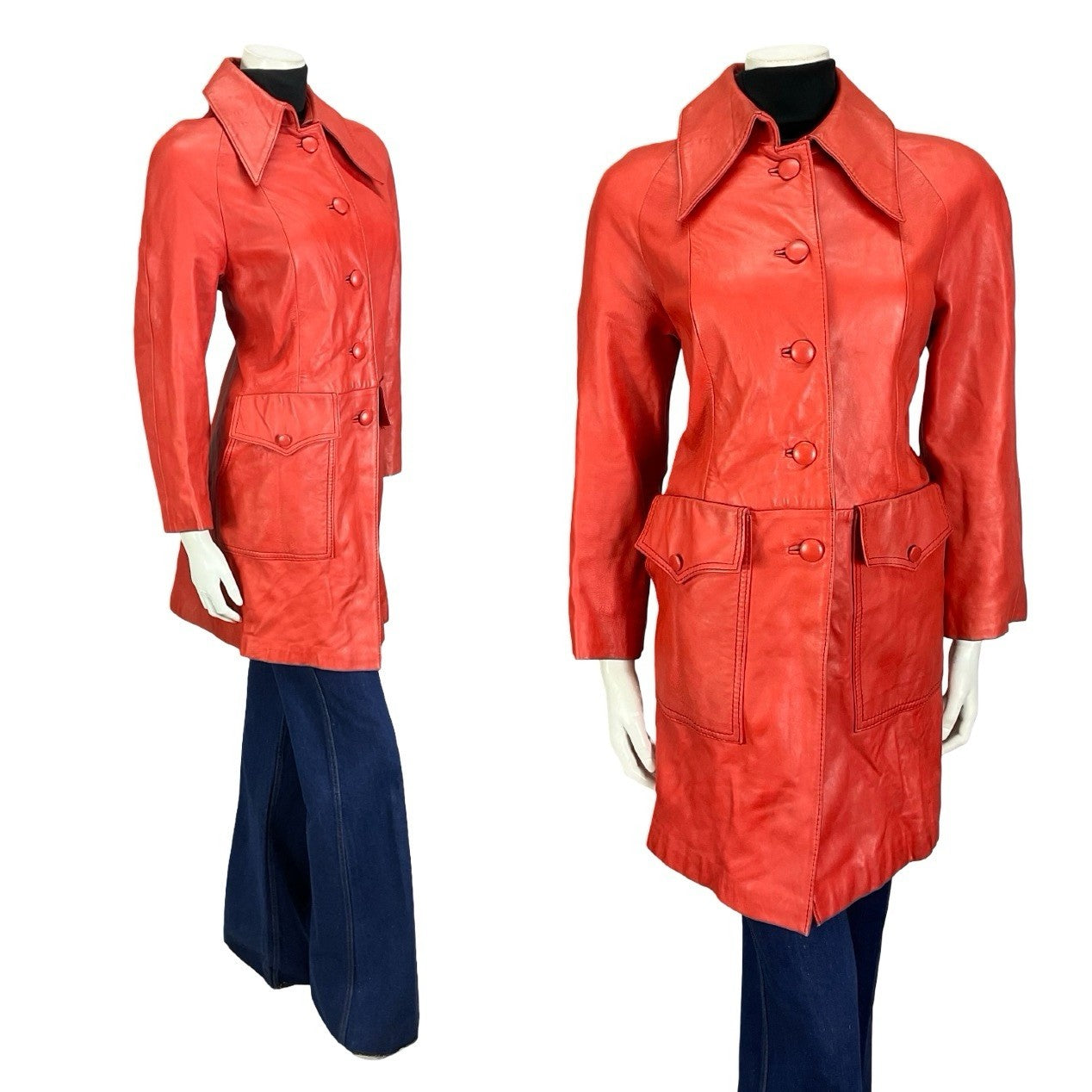 VTG 60S MOD GOGO BRIGHT RED LEATHER DAGGER COLLAR SHIFT JACKET 12