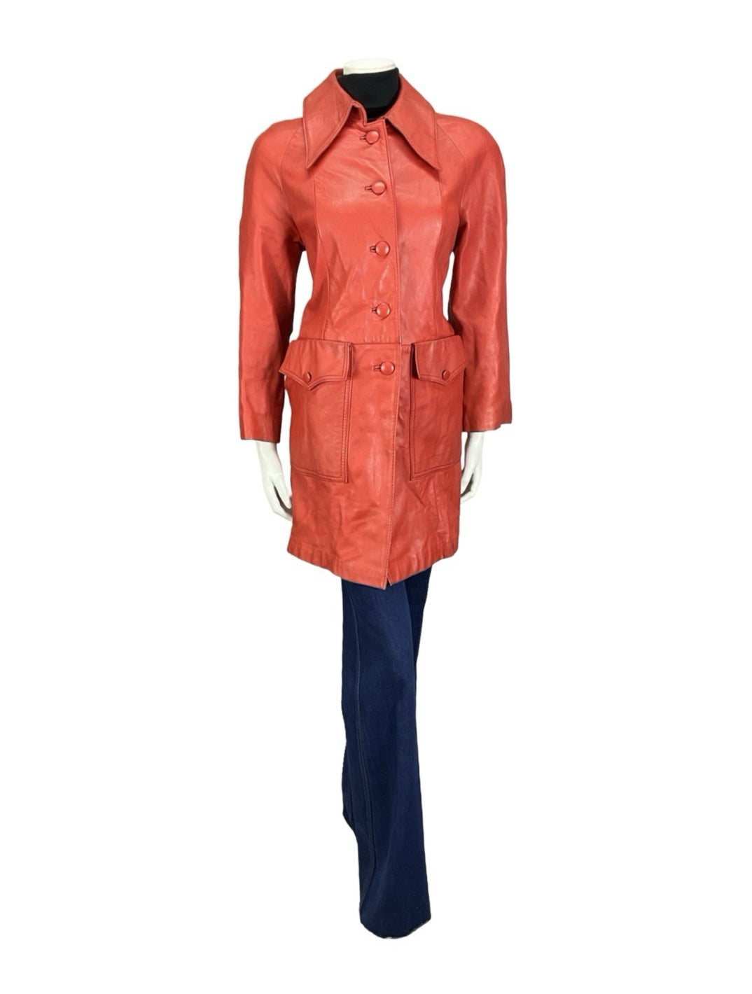 VTG 60S MOD GOGO BRIGHT RED LEATHER DAGGER COLLAR SHIFT JACKET 12
