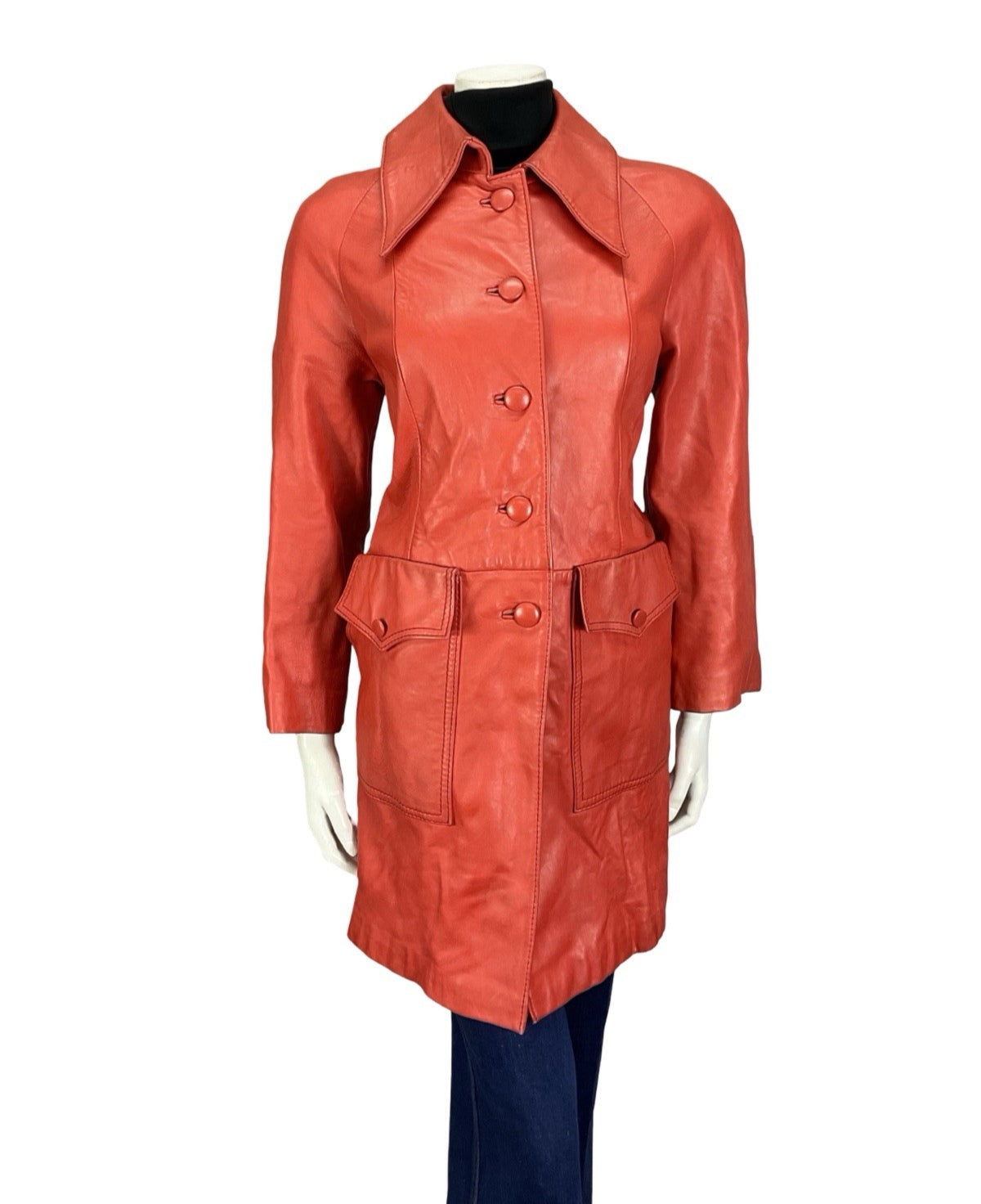 VTG 60S MOD GOGO BRIGHT RED LEATHER DAGGER COLLAR SHIFT JACKET 12
