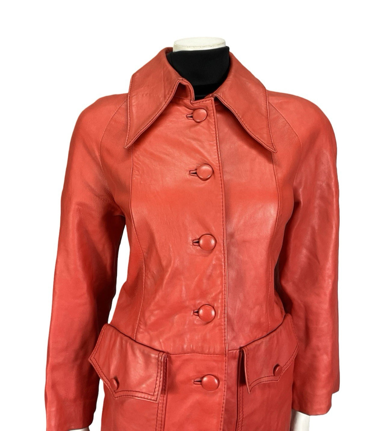 VTG 60S MOD GOGO BRIGHT RED LEATHER DAGGER COLLAR SHIFT JACKET 12