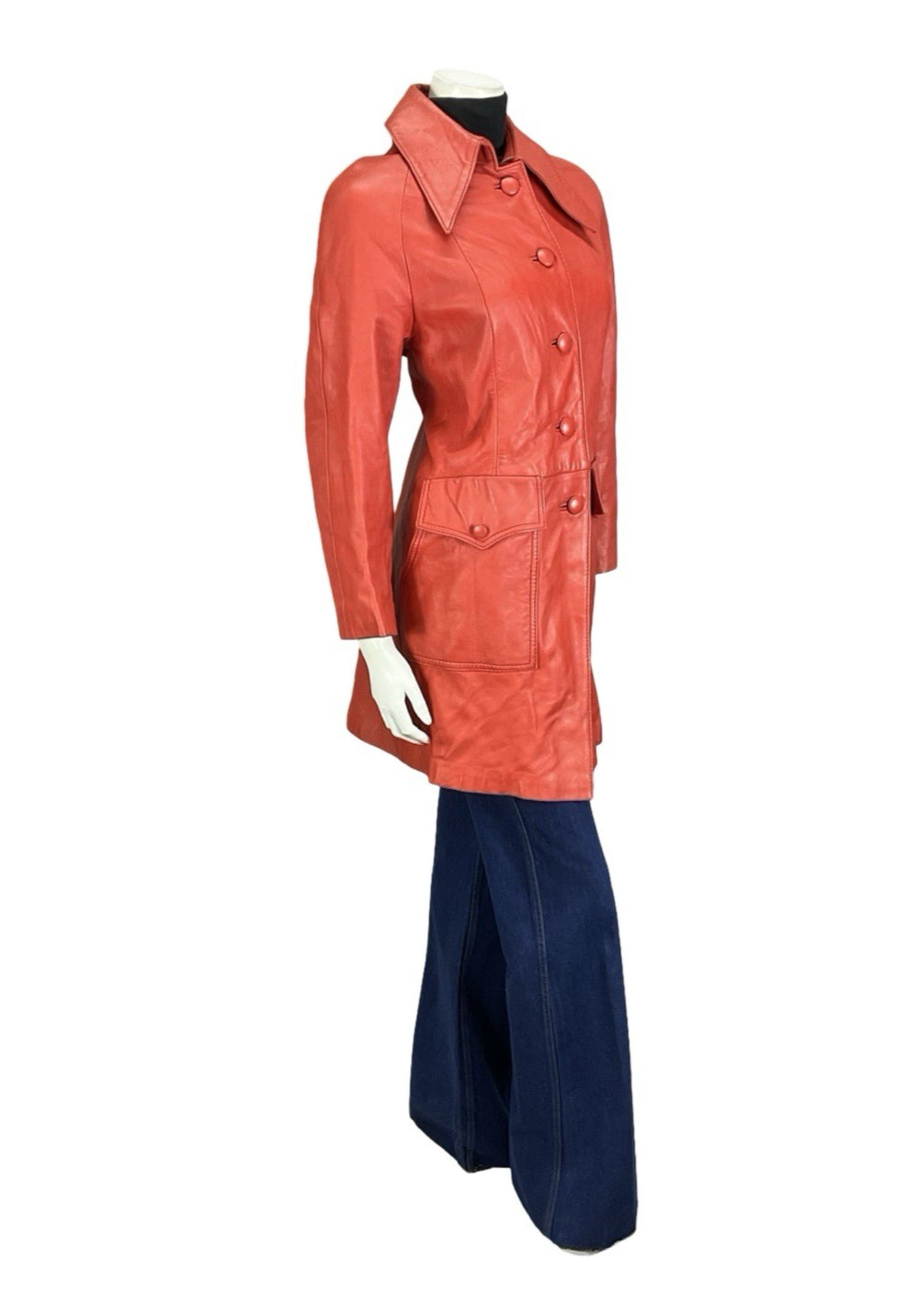 VTG 60S MOD GOGO BRIGHT RED LEATHER DAGGER COLLAR SHIFT JACKET 12