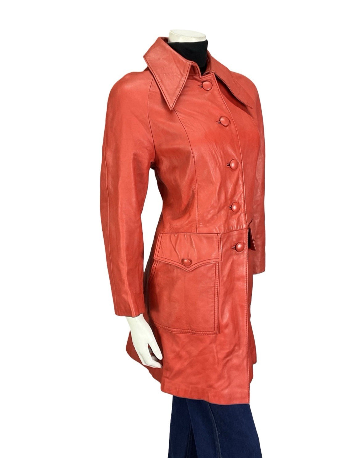 VTG 60S MOD GOGO BRIGHT RED LEATHER DAGGER COLLAR SHIFT JACKET 12