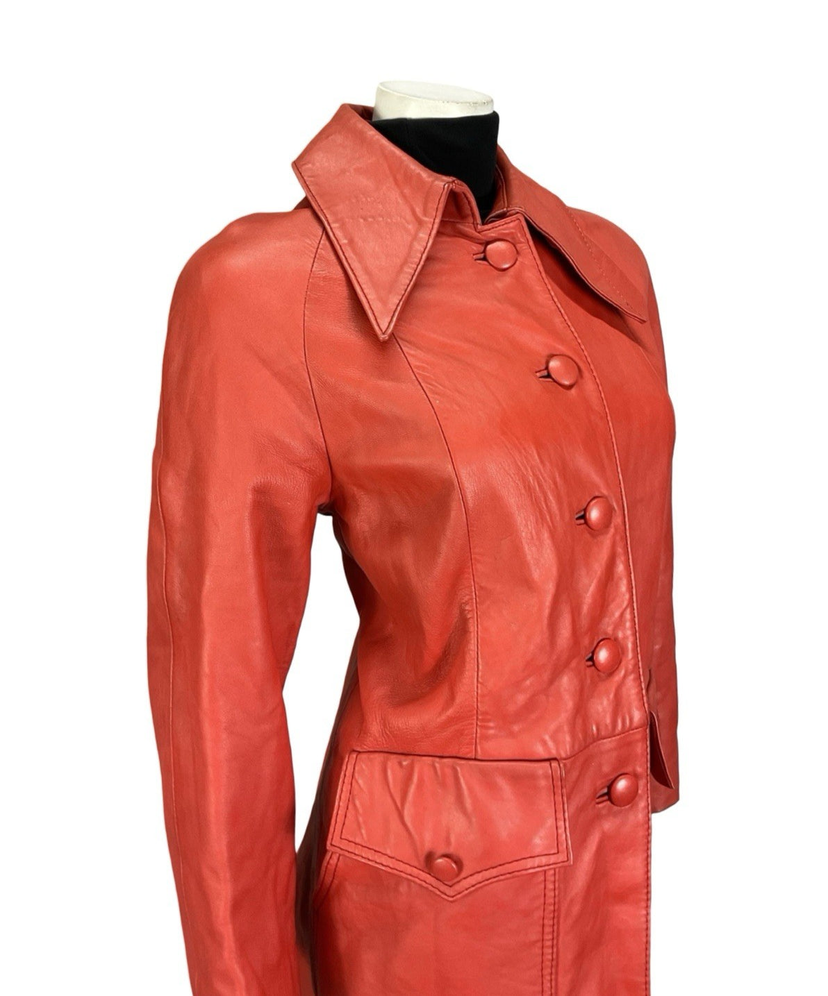 VTG 60S MOD GOGO BRIGHT RED LEATHER DAGGER COLLAR SHIFT JACKET 12