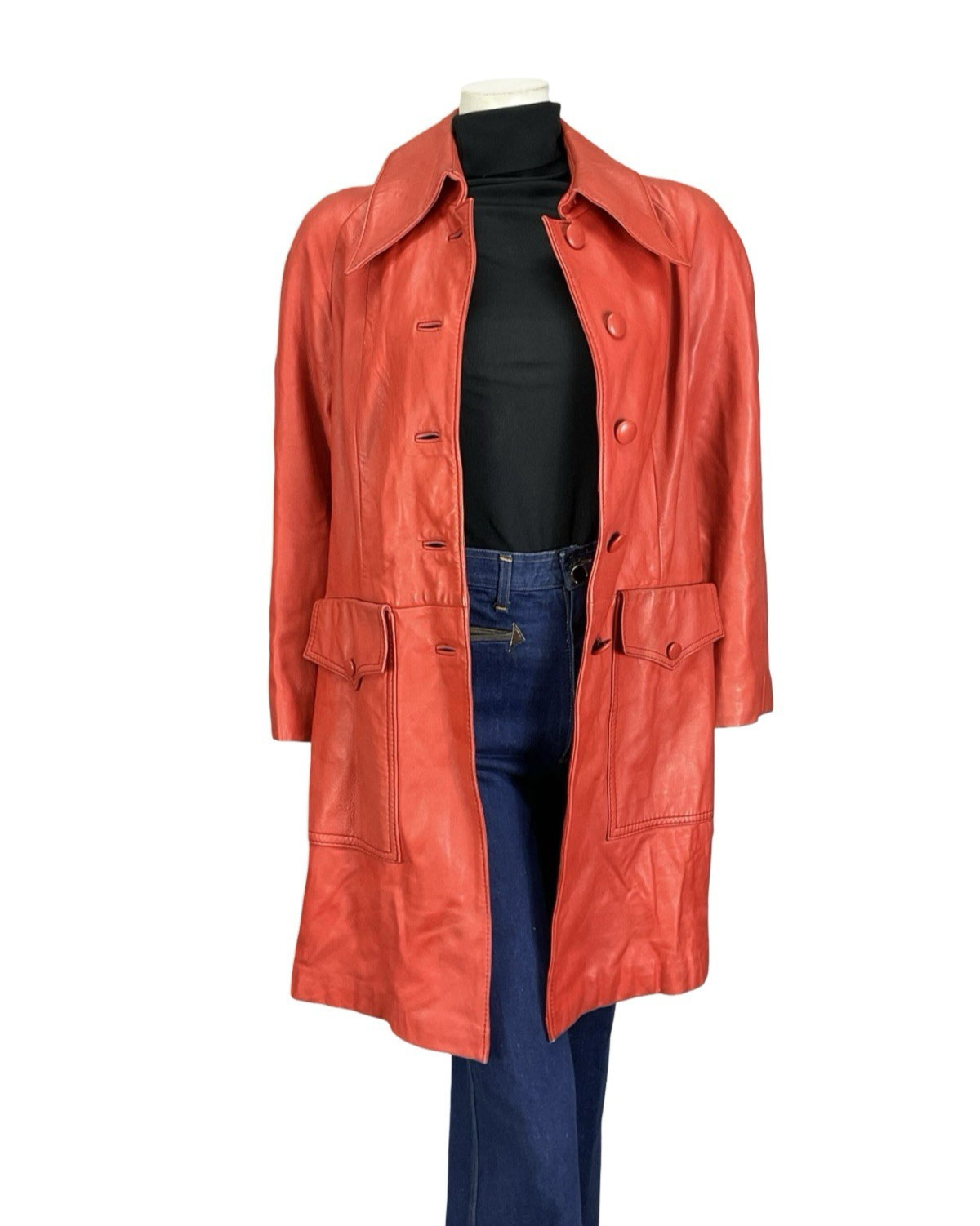 VTG 60S MOD GOGO BRIGHT RED LEATHER DAGGER COLLAR SHIFT JACKET 12