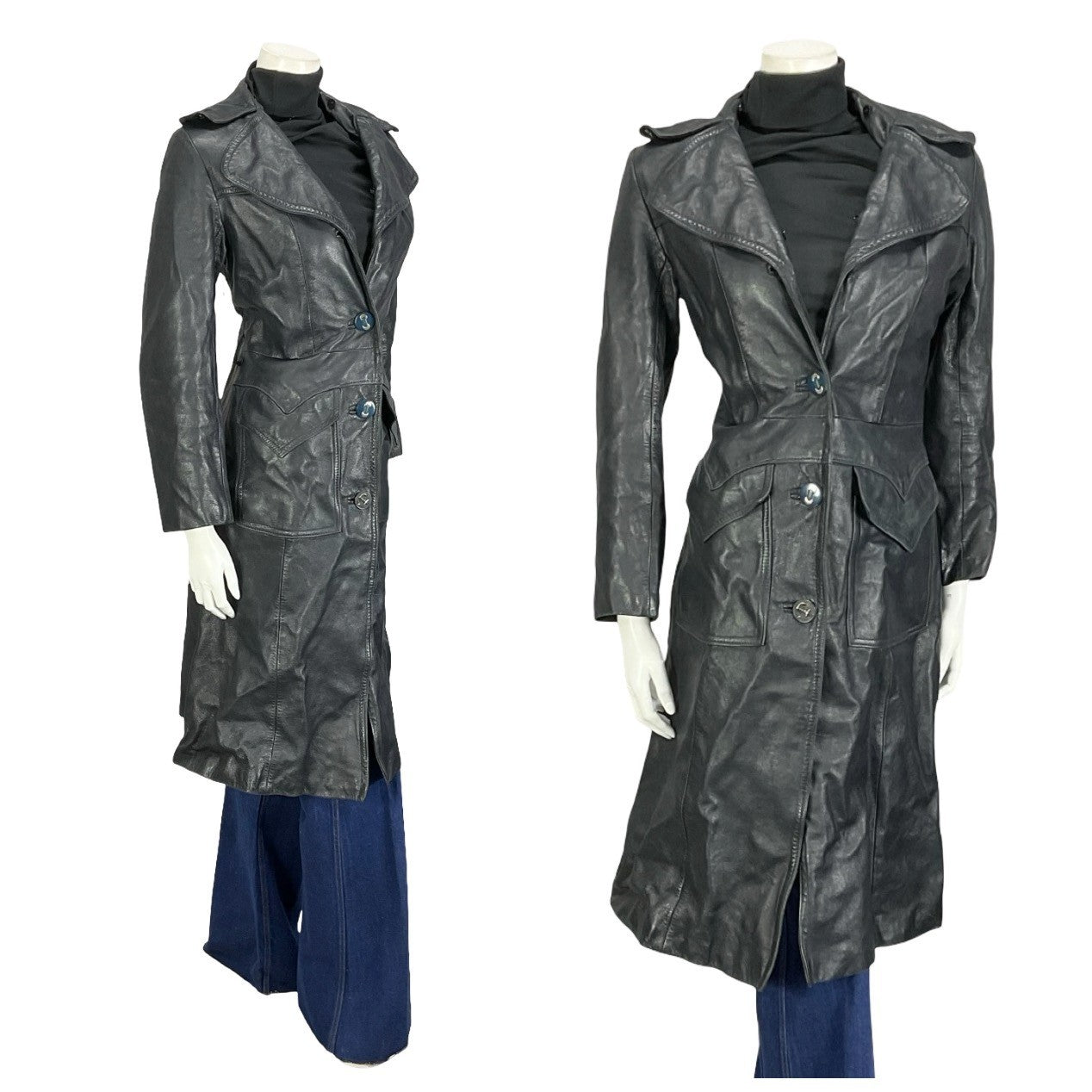 VTG 60S 70S NAVY BLUE LEATHER MOD TRENCH JACKET WITH POCKETS 10