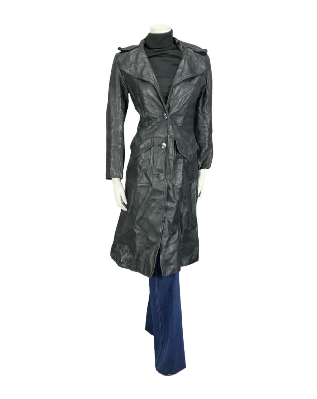 VTG 60S 70S NAVY BLUE LEATHER MOD TRENCH JACKET WITH POCKETS 10