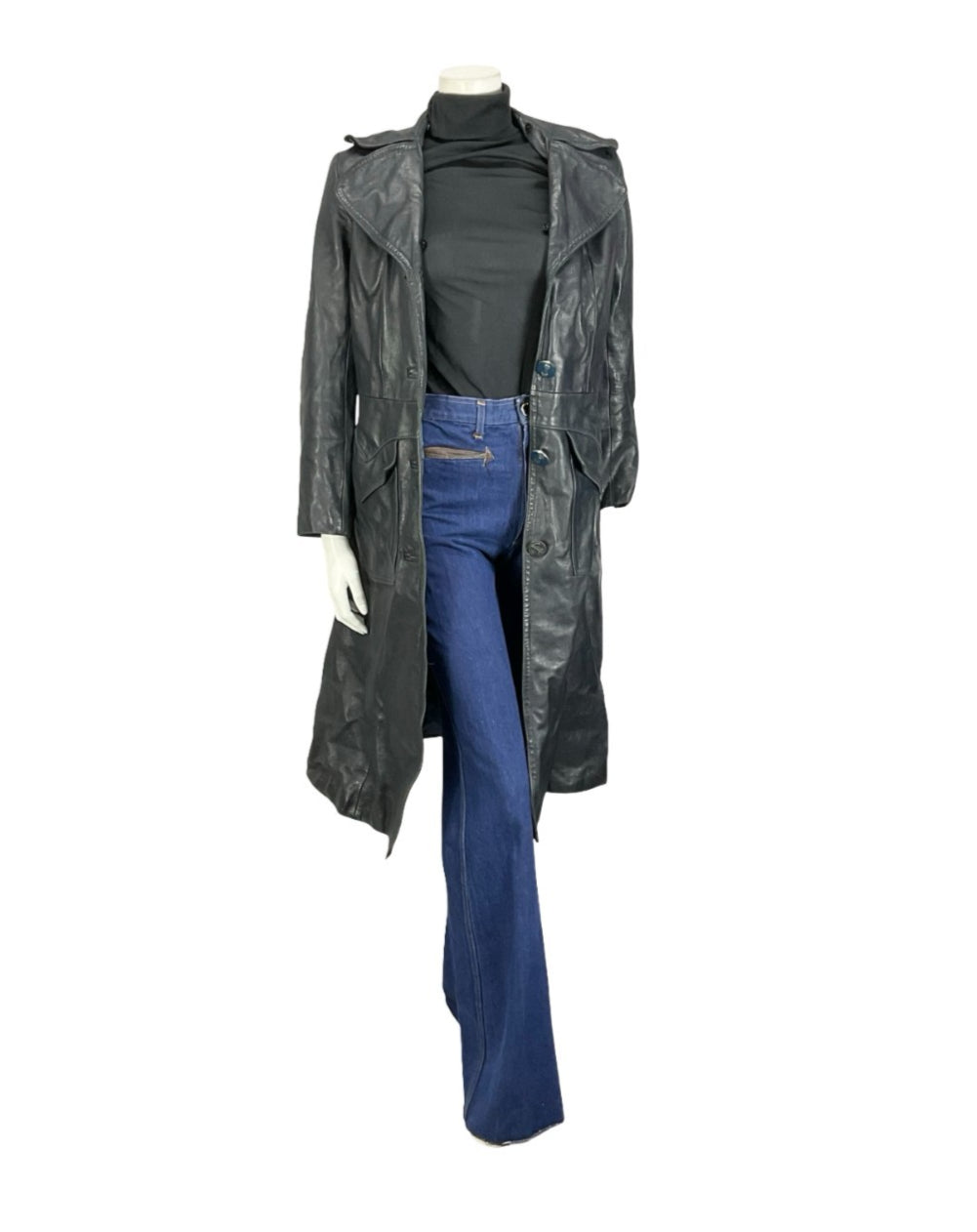 VTG 60S 70S NAVY BLUE LEATHER MOD TRENCH JACKET WITH POCKETS 10