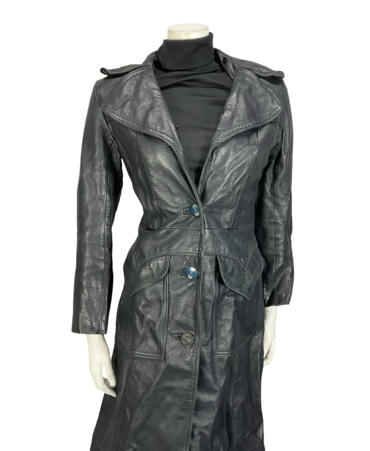 VTG 60S 70S NAVY BLUE LEATHER MOD TRENCH JACKET WITH POCKETS 10