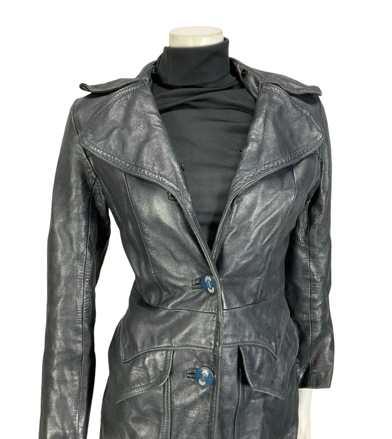 VTG 60S 70S NAVY BLUE LEATHER MOD TRENCH JACKET WITH POCKETS 10