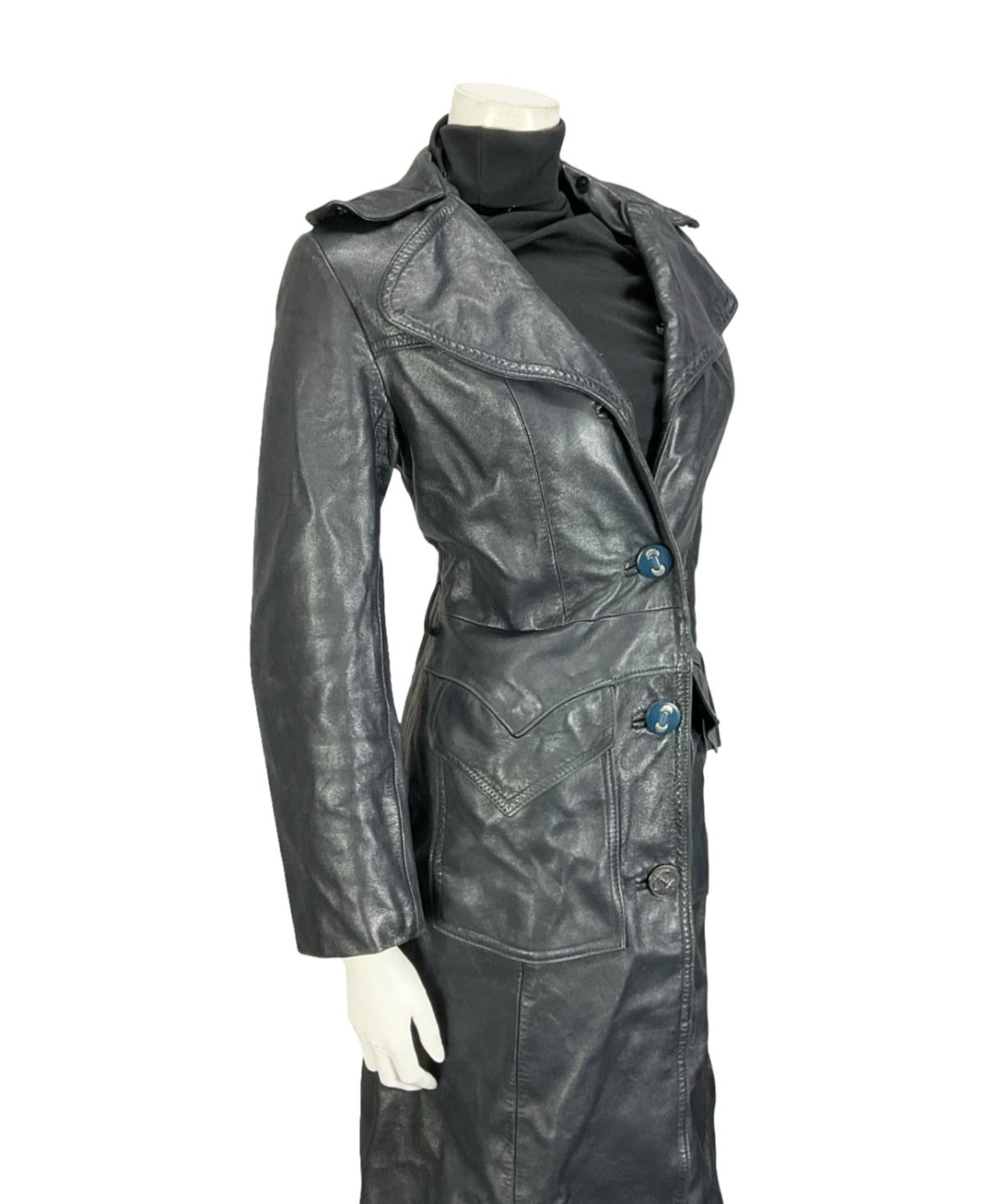 VTG 60S 70S NAVY BLUE LEATHER MOD TRENCH JACKET WITH POCKETS 10