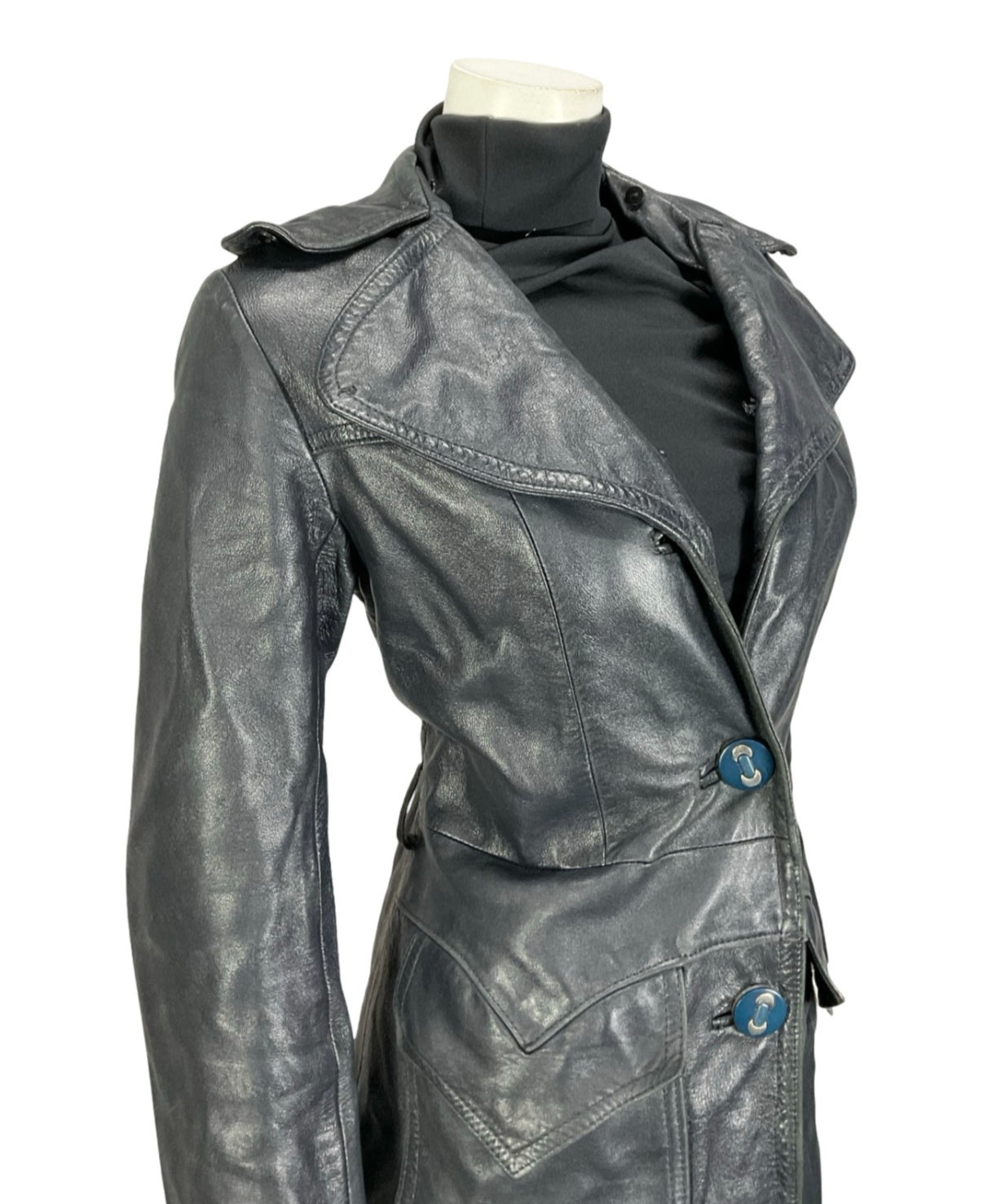 VTG 60S 70S NAVY BLUE LEATHER MOD TRENCH JACKET WITH POCKETS 10