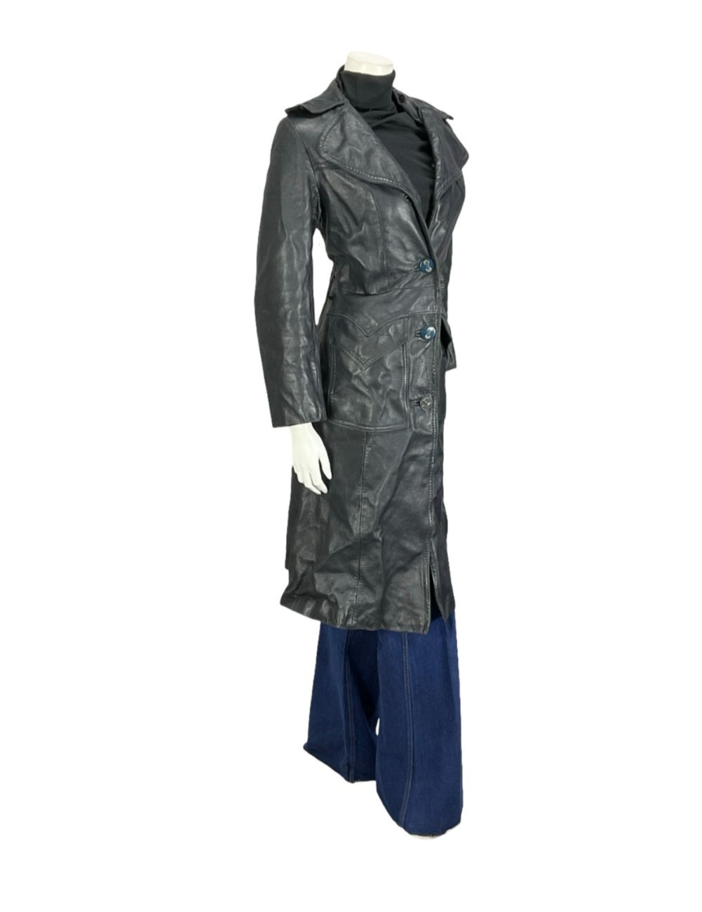 VTG 60S 70S NAVY BLUE LEATHER MOD TRENCH JACKET WITH POCKETS 10