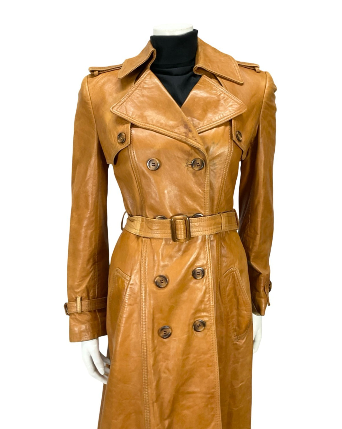 VTG 60S 70S SOFT TAN BROWN LEATHER MOD TRENCH MAC DOUBLE BREAST BELTED COAT 10