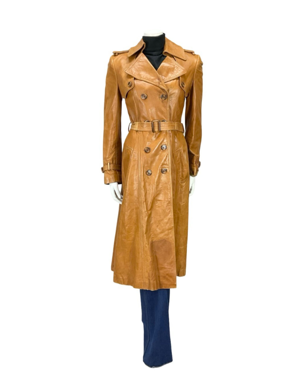 VTG 60S 70S SOFT TAN BROWN LEATHER MOD TRENCH MAC DOUBLE BREAST BELTED COAT 10