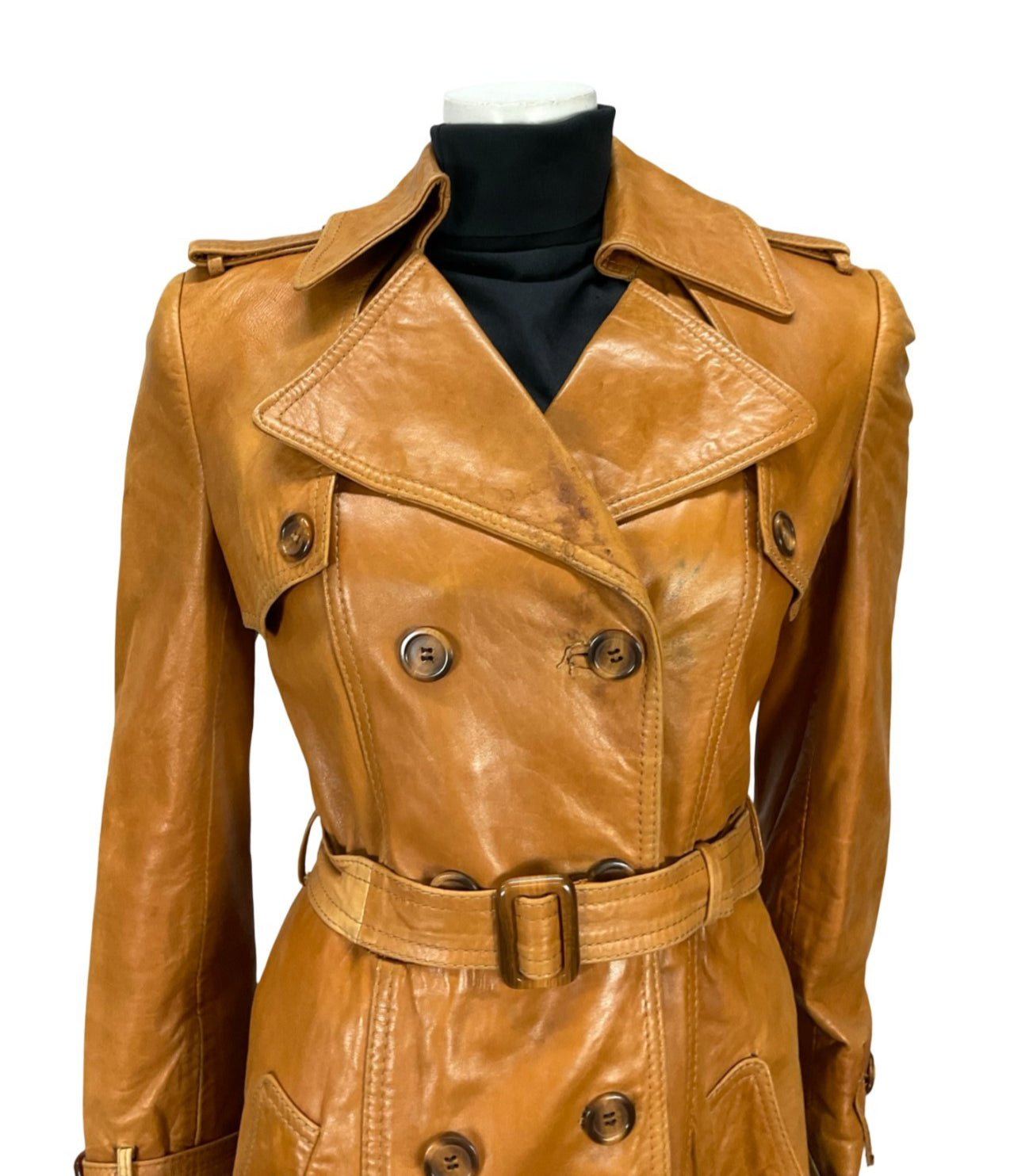 VTG 60S 70S SOFT TAN BROWN LEATHER MOD TRENCH MAC DOUBLE BREAST BELTED COAT 10