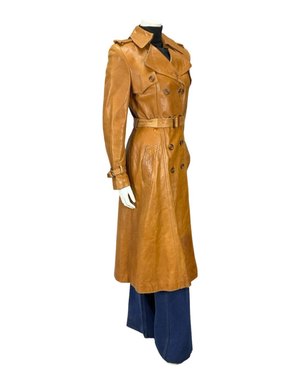 VTG 60S 70S SOFT TAN BROWN LEATHER MOD TRENCH MAC DOUBLE BREAST BELTED COAT 10