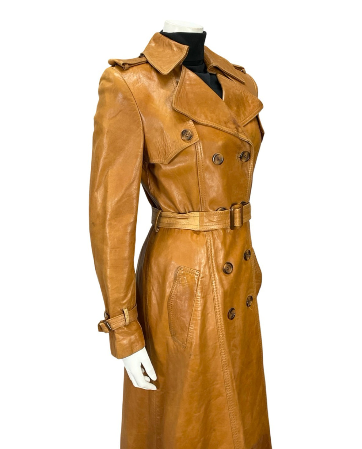 VTG 60S 70S SOFT TAN BROWN LEATHER MOD TRENCH MAC DOUBLE BREAST BELTED COAT 10
