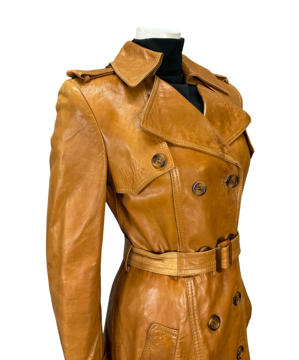VTG 60S 70S SOFT TAN BROWN LEATHER MOD TRENCH MAC DOUBLE BREAST BELTED COAT 10