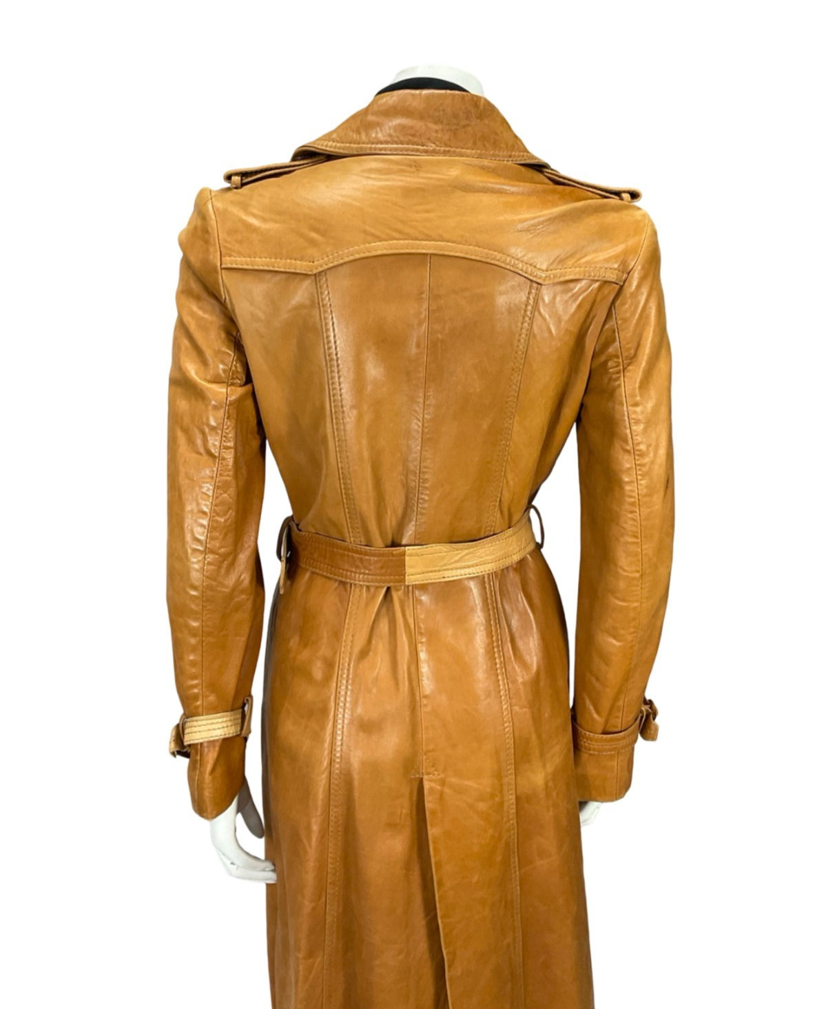 VTG 60S 70S SOFT TAN BROWN LEATHER MOD TRENCH MAC DOUBLE BREAST BELTED COAT 10