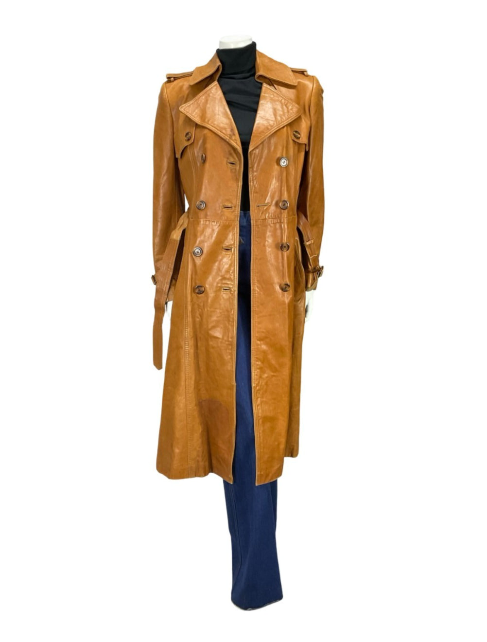 VTG 60S 70S SOFT TAN BROWN LEATHER MOD TRENCH MAC DOUBLE BREAST BELTED COAT 10