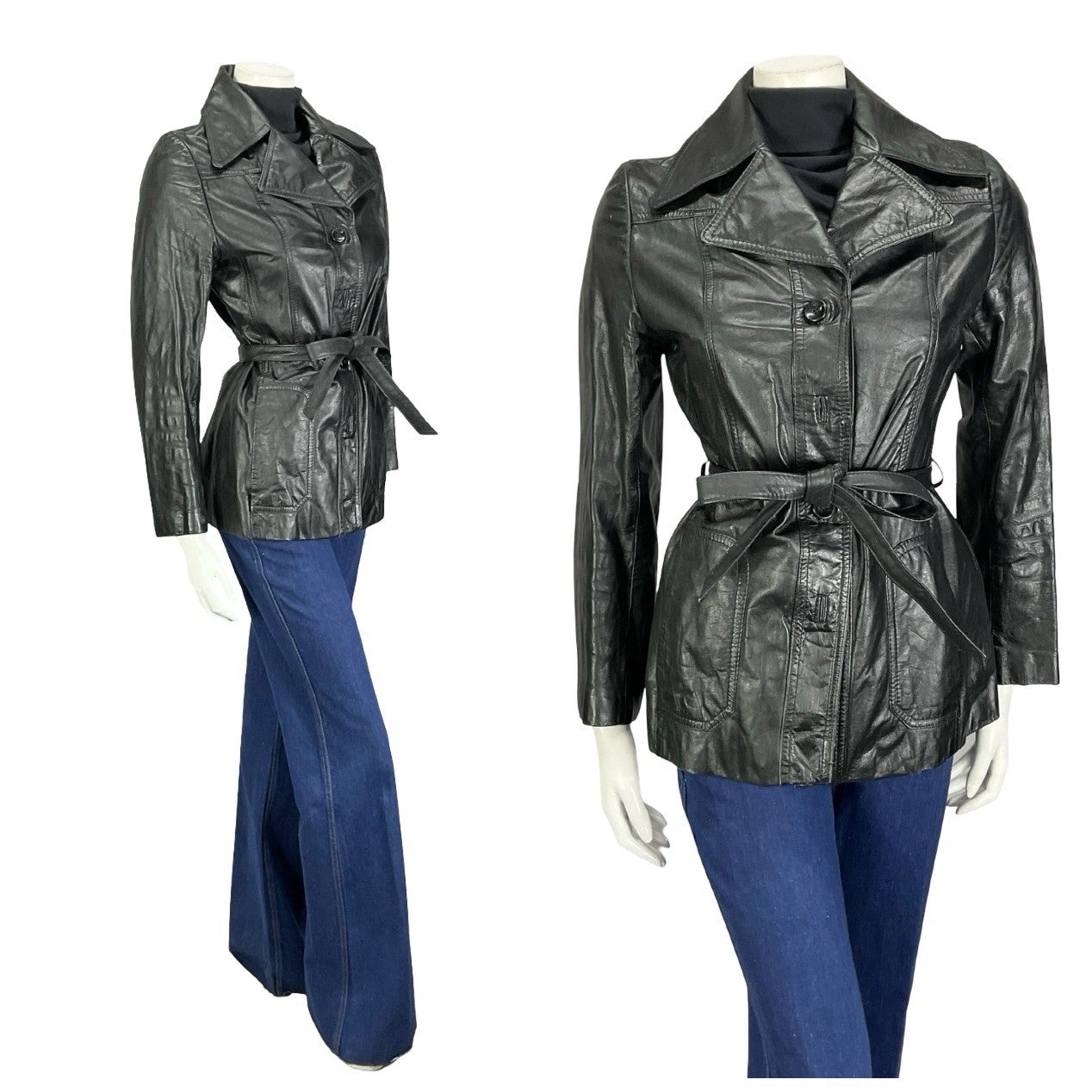 VTG 60S 70S JET BLACK LEATHER MOD TIE WAIST NOTCH LAPEL JACKET 8