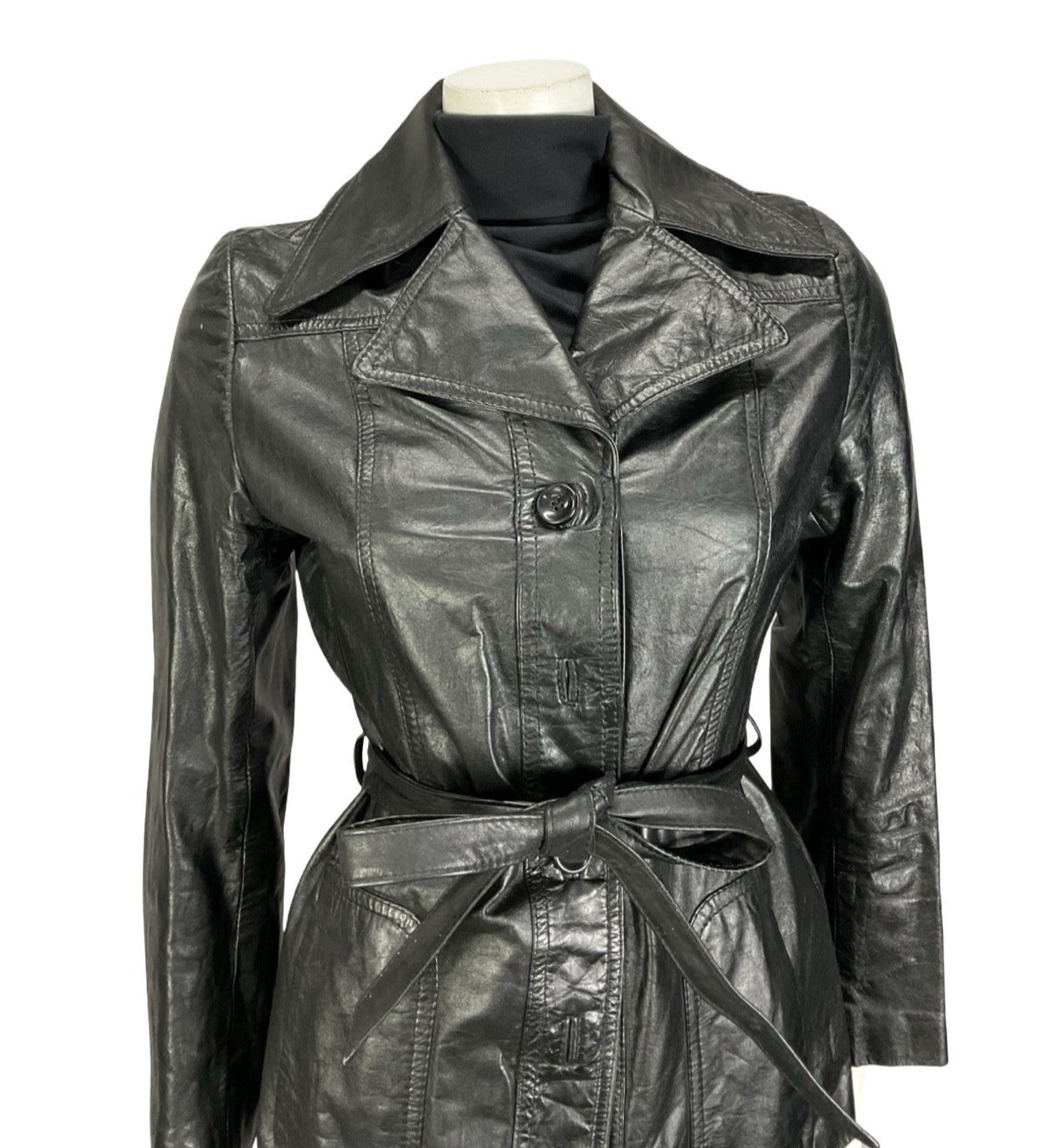 VTG 60S 70S JET BLACK LEATHER MOD TIE WAIST NOTCH LAPEL JACKET 8