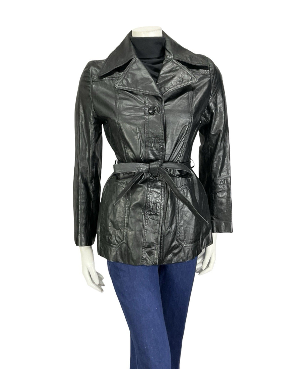 VTG 60S 70S JET BLACK LEATHER MOD TIE WAIST NOTCH LAPEL JACKET 8