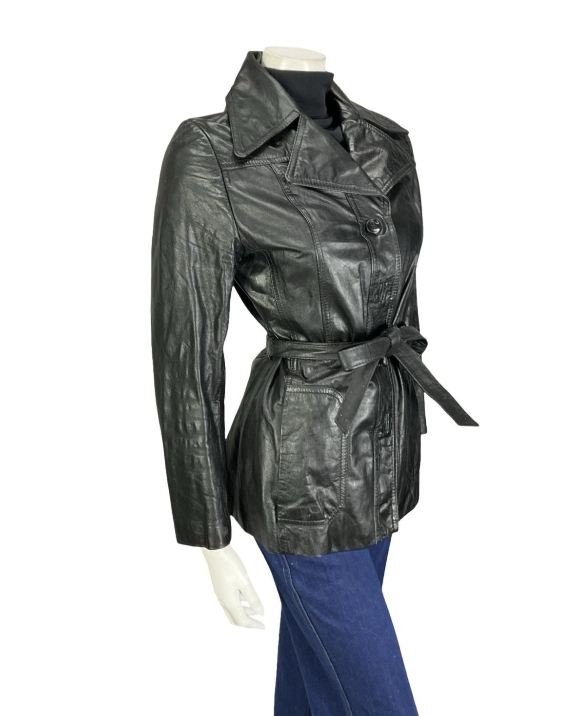 VTG 60S 70S JET BLACK LEATHER MOD TIE WAIST NOTCH LAPEL JACKET 8