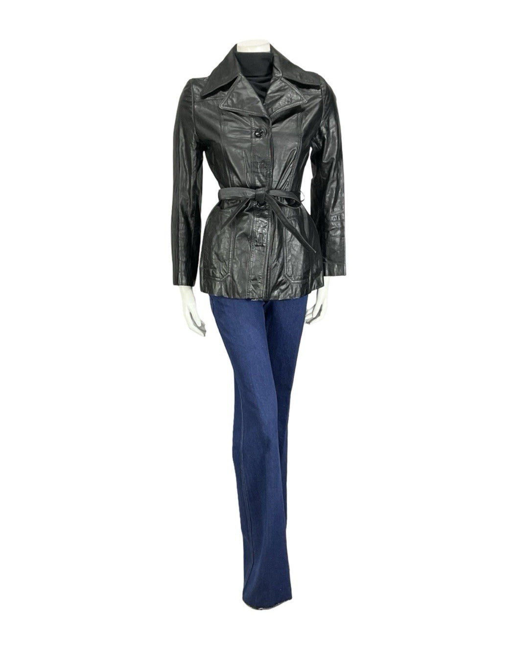 VTG 60S 70S JET BLACK LEATHER MOD TIE WAIST NOTCH LAPEL JACKET 8
