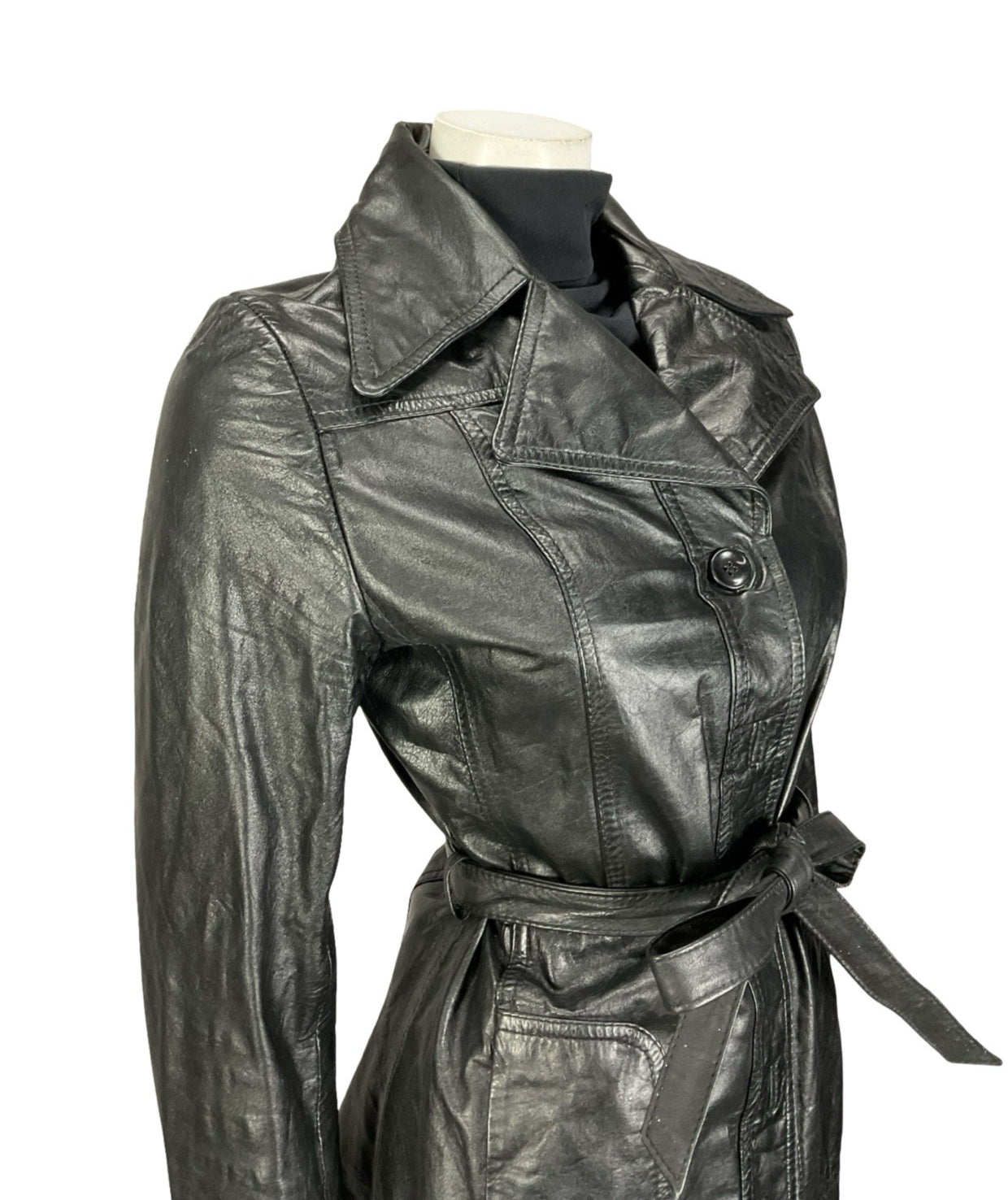 VTG 60S 70S JET BLACK LEATHER MOD TIE WAIST NOTCH LAPEL JACKET 8