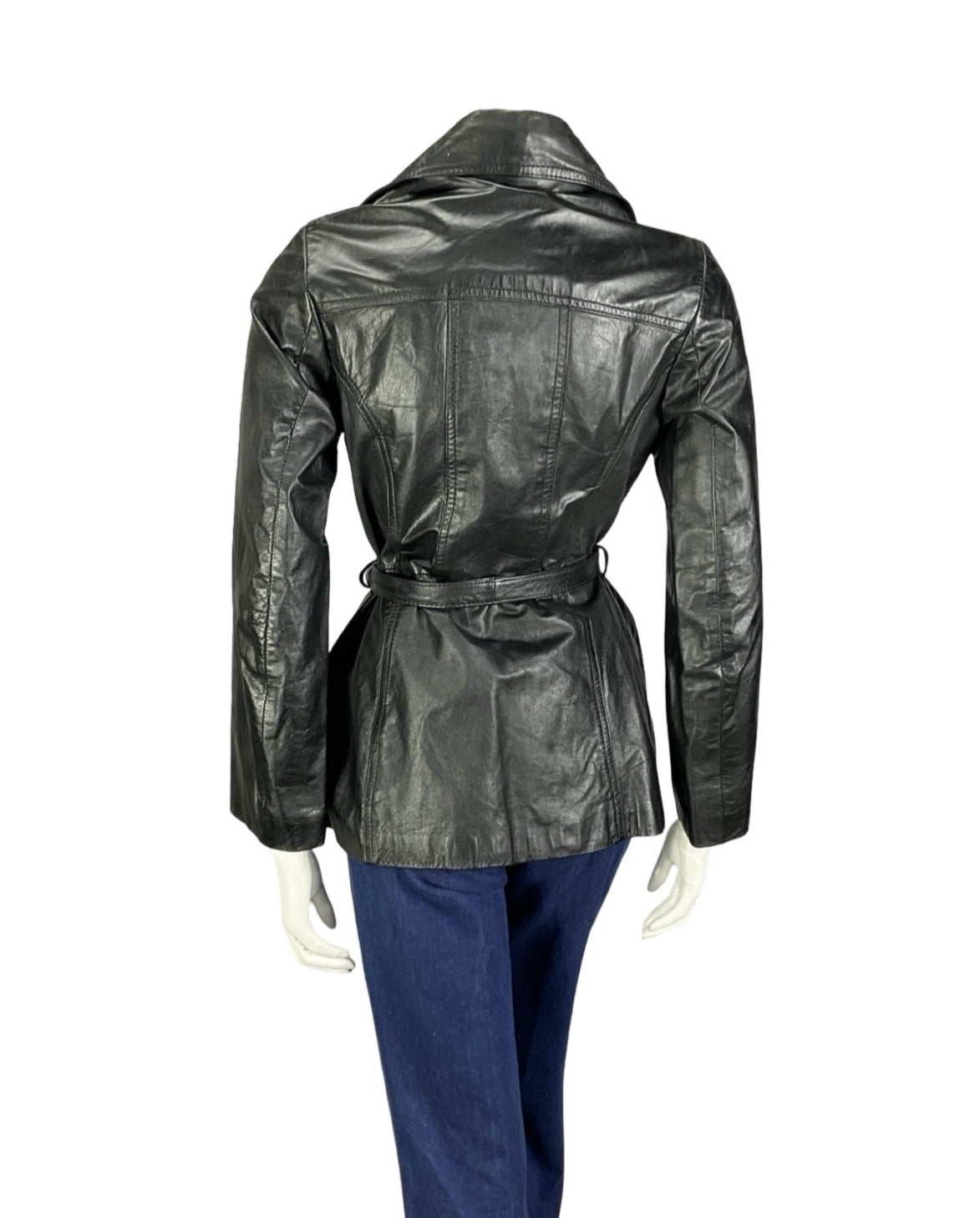 VTG 60S 70S JET BLACK LEATHER MOD TIE WAIST NOTCH LAPEL JACKET 8