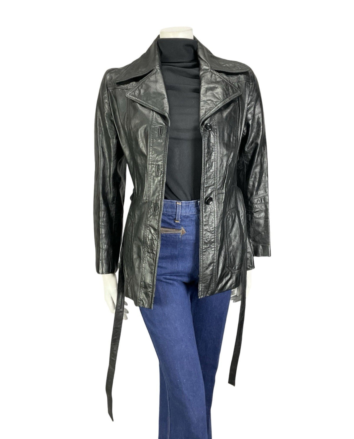 VTG 60S 70S JET BLACK LEATHER MOD TIE WAIST NOTCH LAPEL JACKET 8