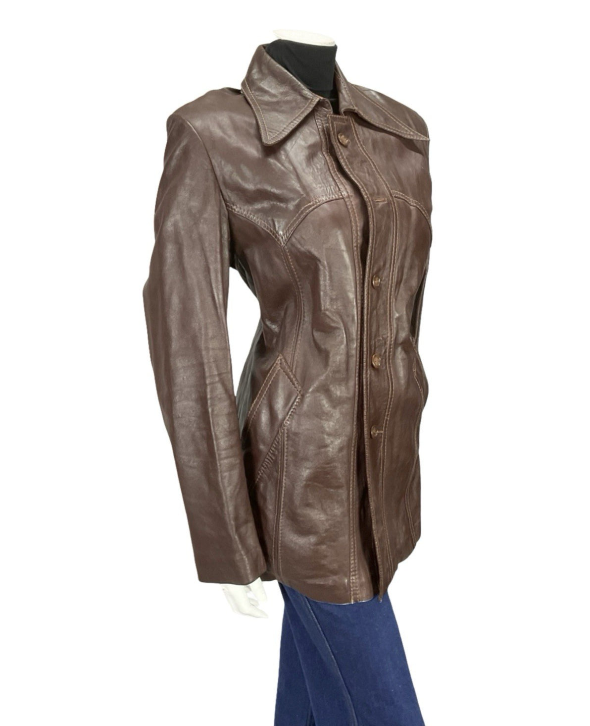 VTG 60S 70S REDDISH BROWN LEATHER WESTERN DAGGER COLLAR JACKET 12 14 M