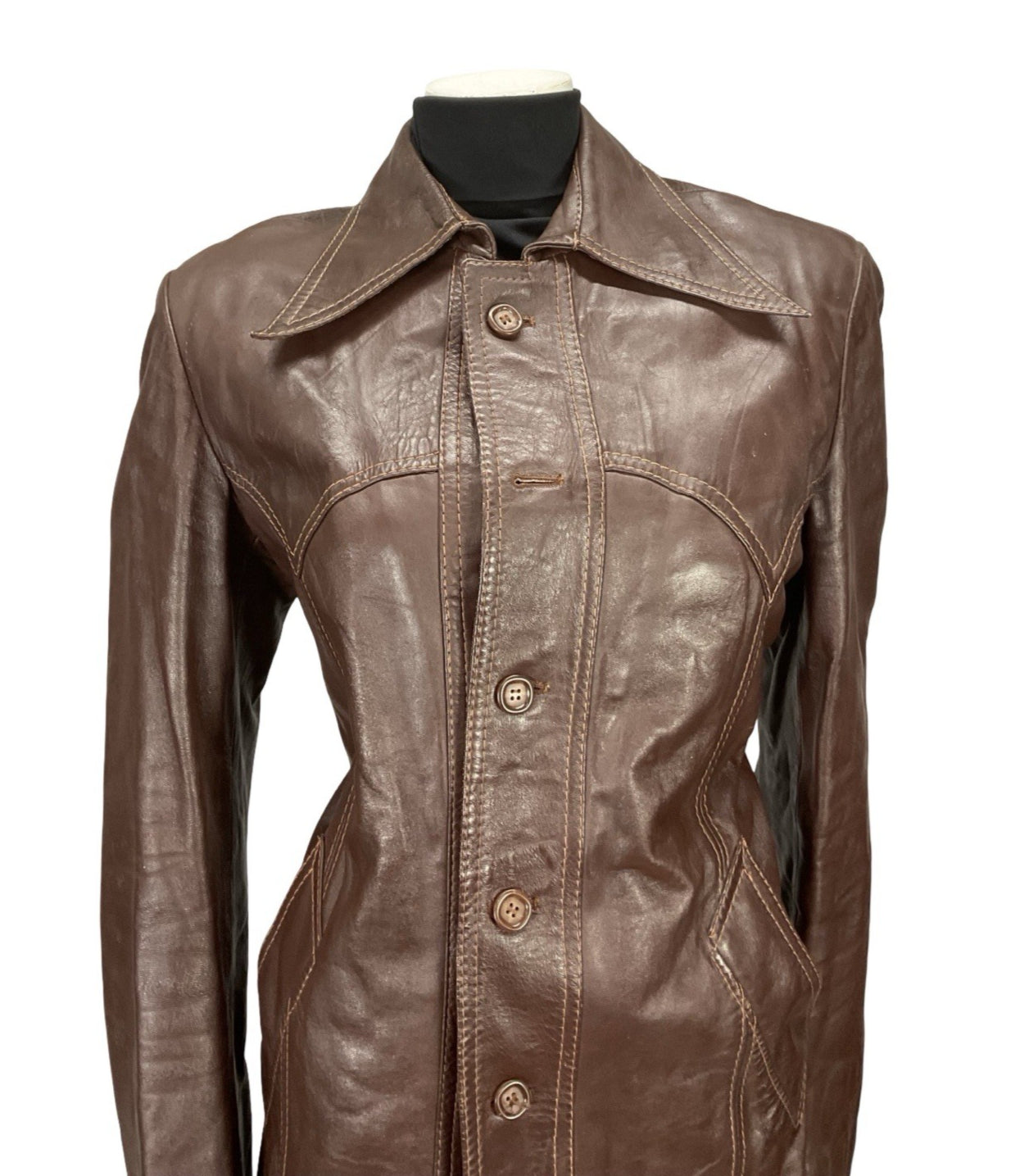 VTG 60S 70S REDDISH BROWN LEATHER WESTERN DAGGER COLLAR JACKET 12 14 M