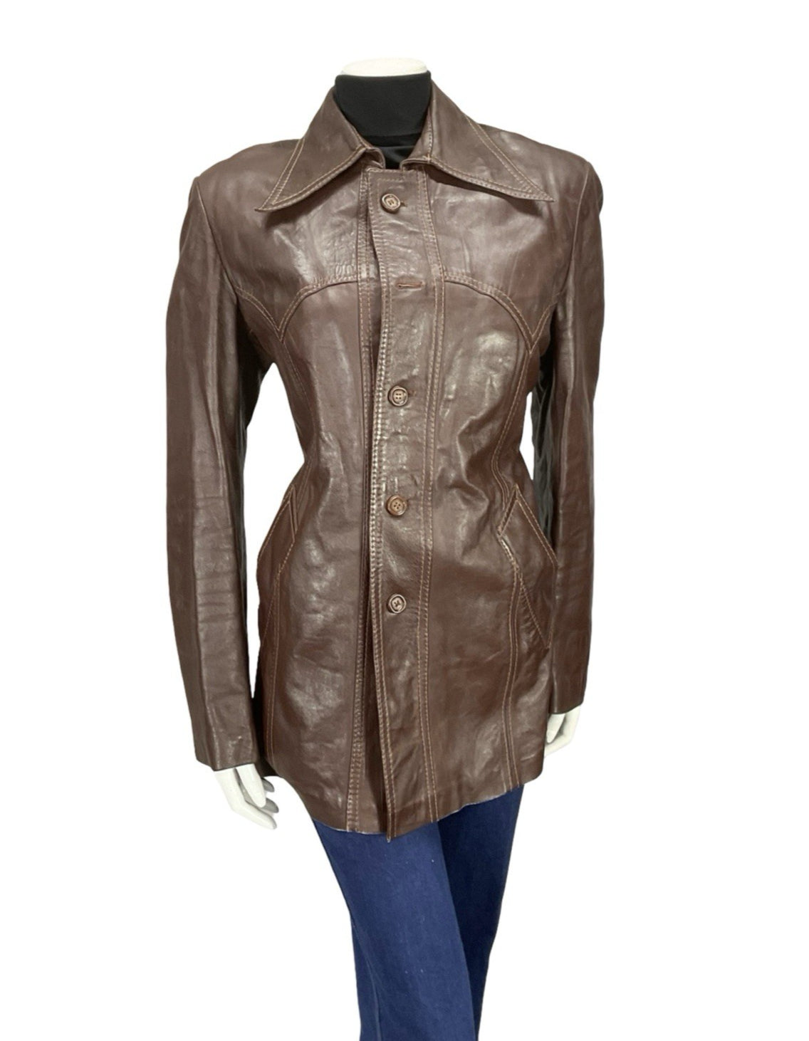 VTG 60S 70S REDDISH BROWN LEATHER WESTERN DAGGER COLLAR JACKET 12 14 M