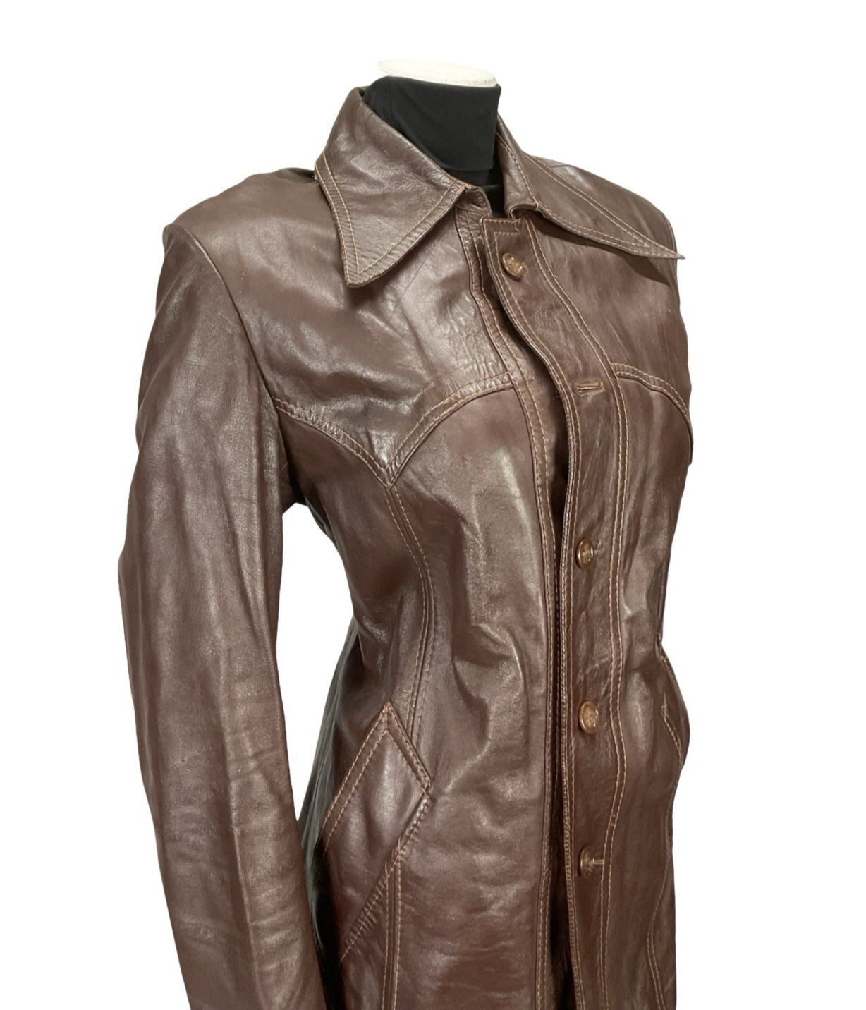 VTG 60S 70S REDDISH BROWN LEATHER WESTERN DAGGER COLLAR JACKET 12 14 M