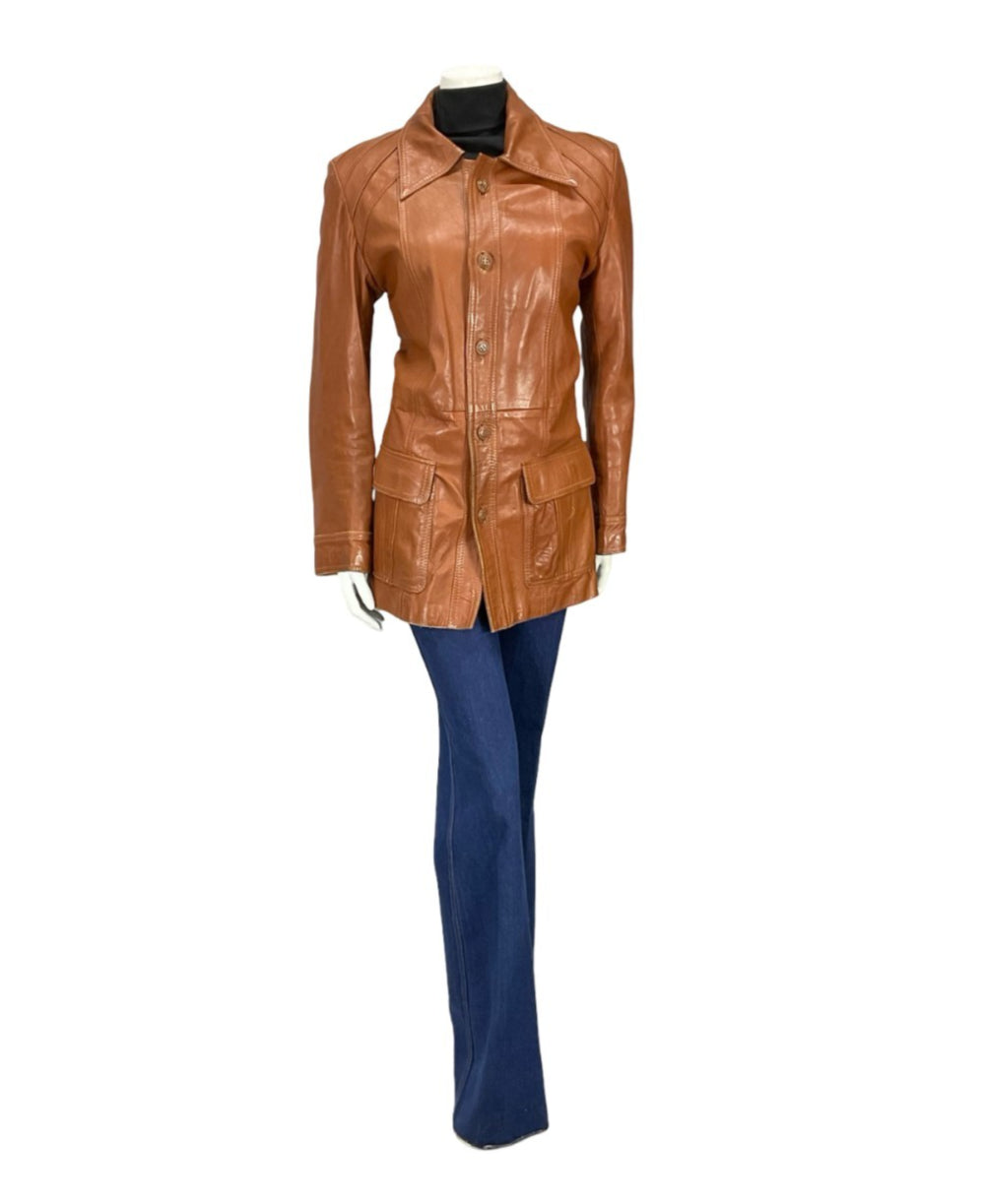 VTG 60S 70S BROWN LEATHER MOD DAGGER COLLAR JACKET WITH POCKETS 12