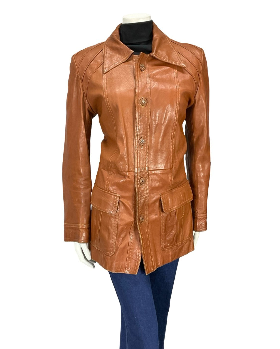 VTG 60S 70S BROWN LEATHER MOD DAGGER COLLAR JACKET WITH POCKETS 12
