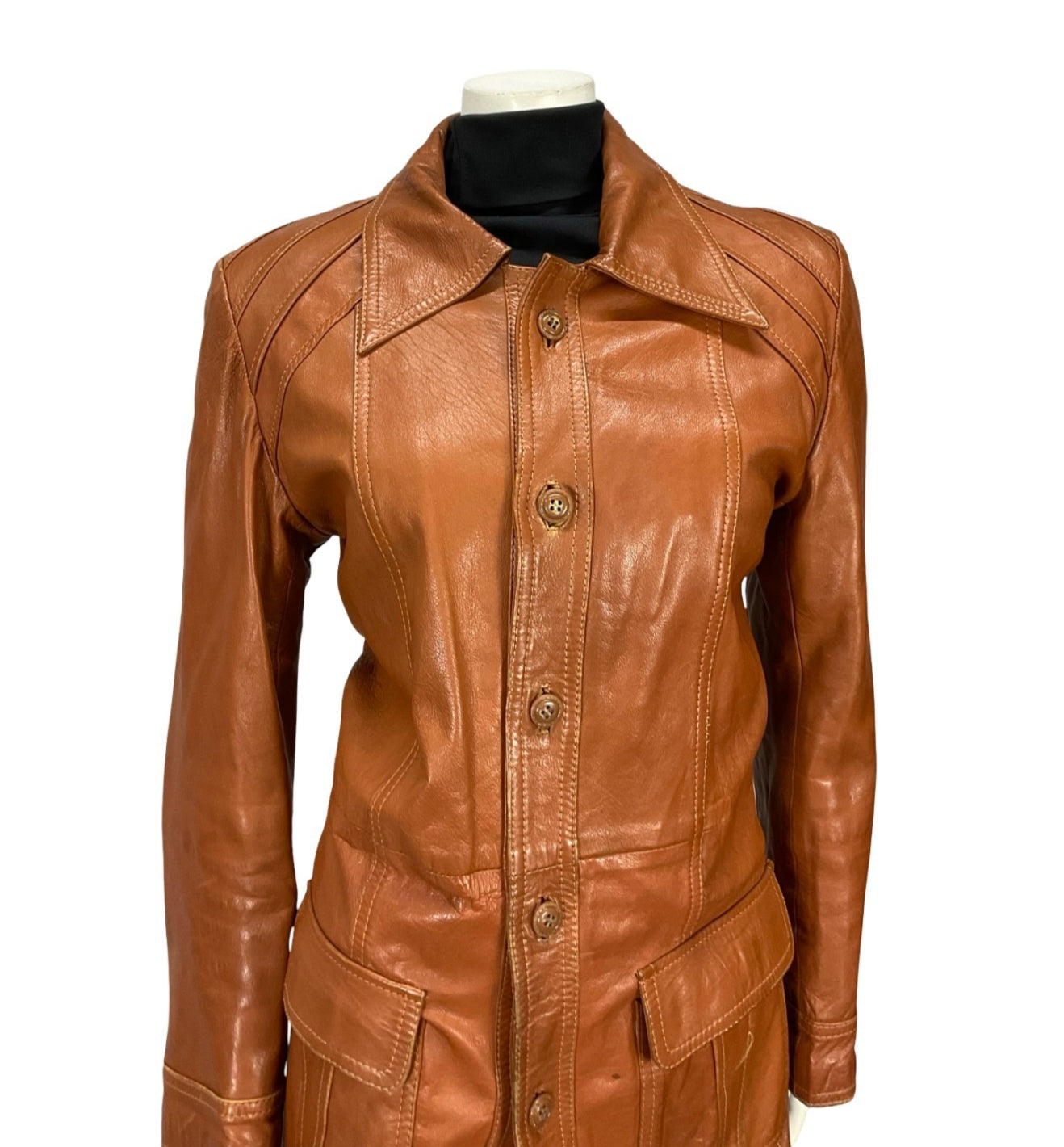 VTG 60S 70S BROWN LEATHER MOD DAGGER COLLAR JACKET WITH POCKETS 12