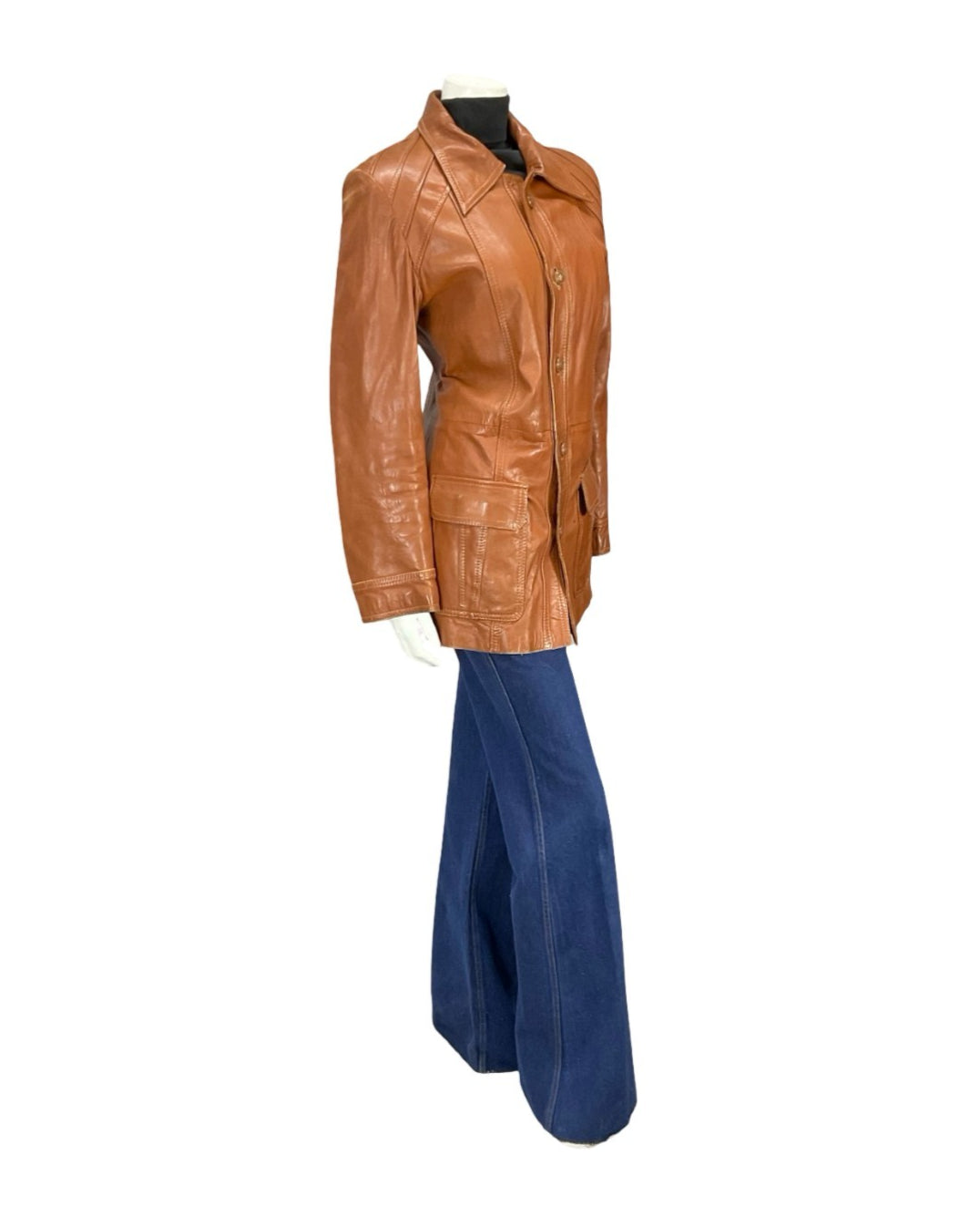 VTG 60S 70S BROWN LEATHER MOD DAGGER COLLAR JACKET WITH POCKETS 12