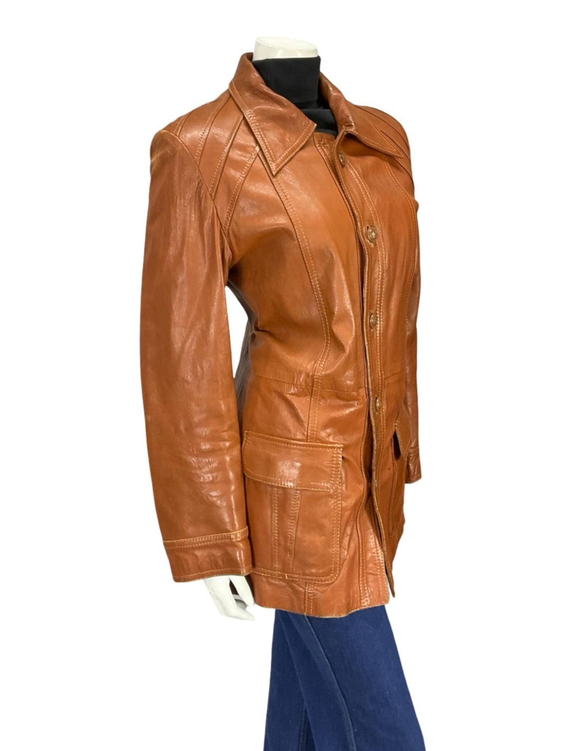 VTG 60S 70S BROWN LEATHER MOD DAGGER COLLAR JACKET WITH POCKETS 12